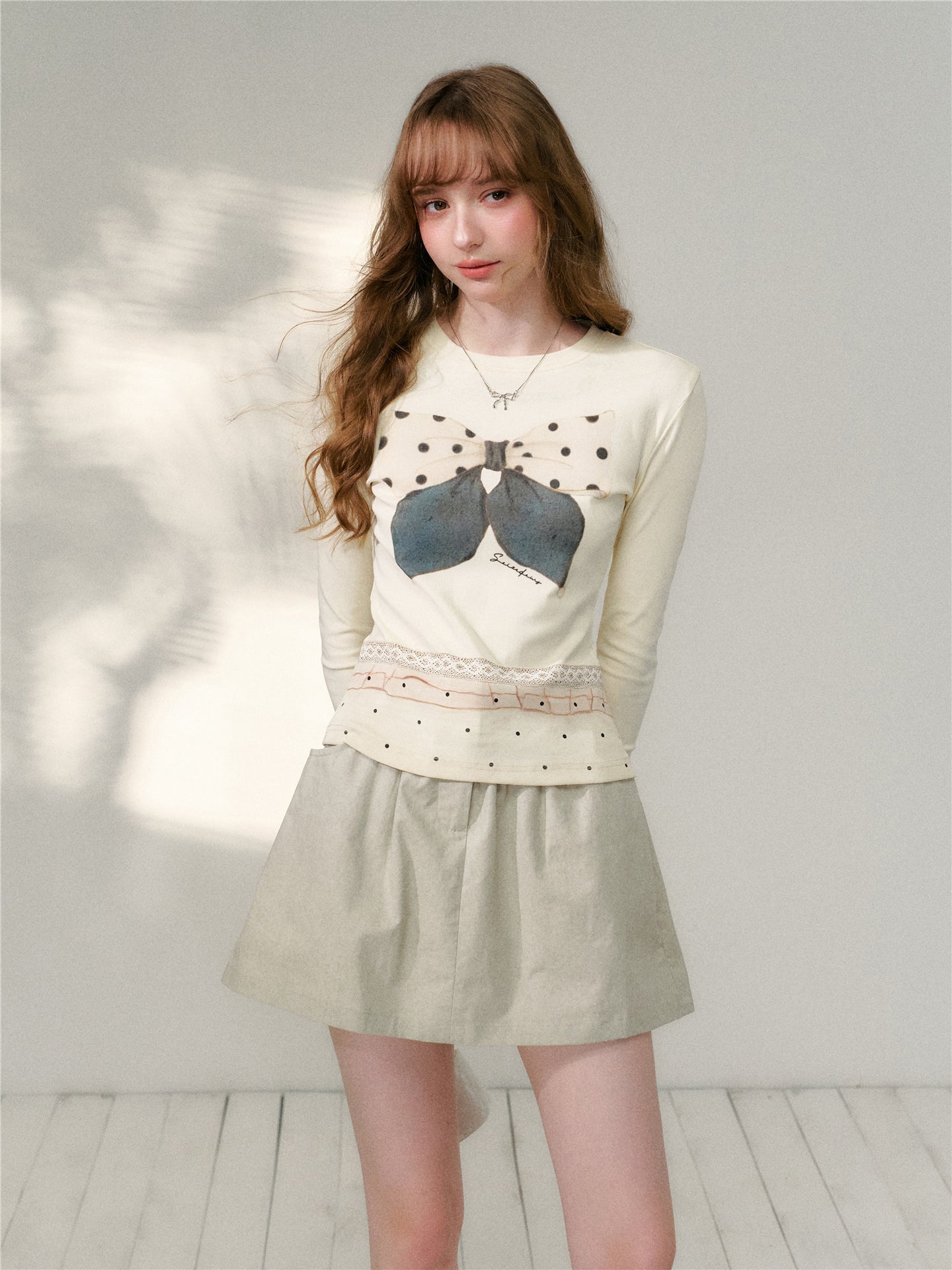 16DEWS 16D26077&16D26101 Polka dot bow print slim-fit T-shirt + skirt set