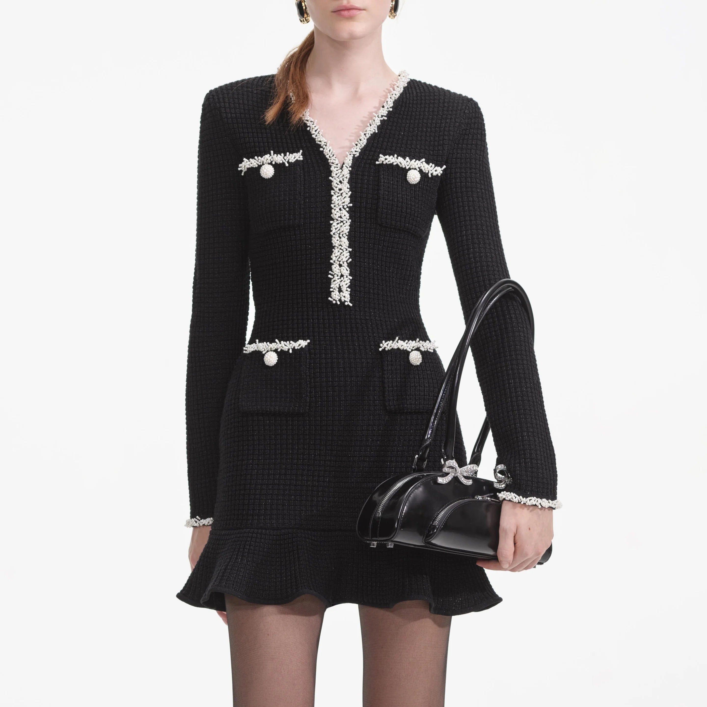 Self-Portrait BLACK PEARL TRIM KNIT MINI DRESS