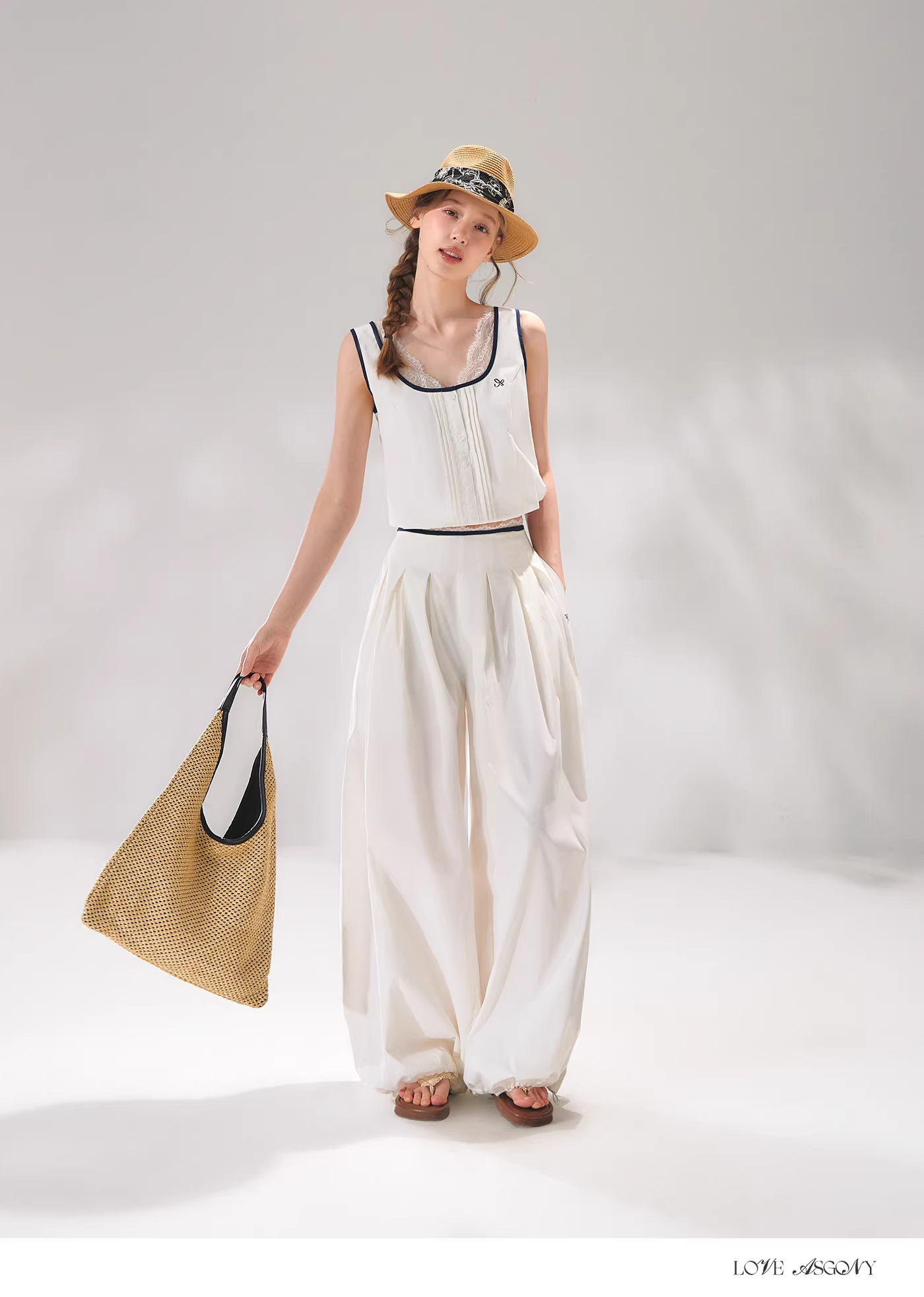 AsGony ASG26059&ASG26060 Lace patchwork collision edge vest + pants