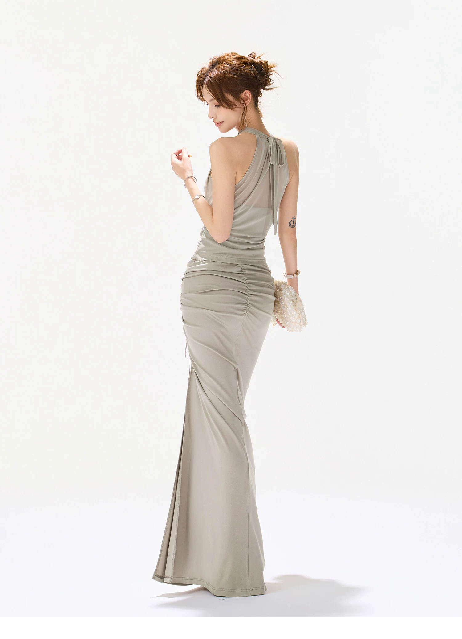 CYNR Sage Green Drawstring Mermaid Skirt & Draped Top