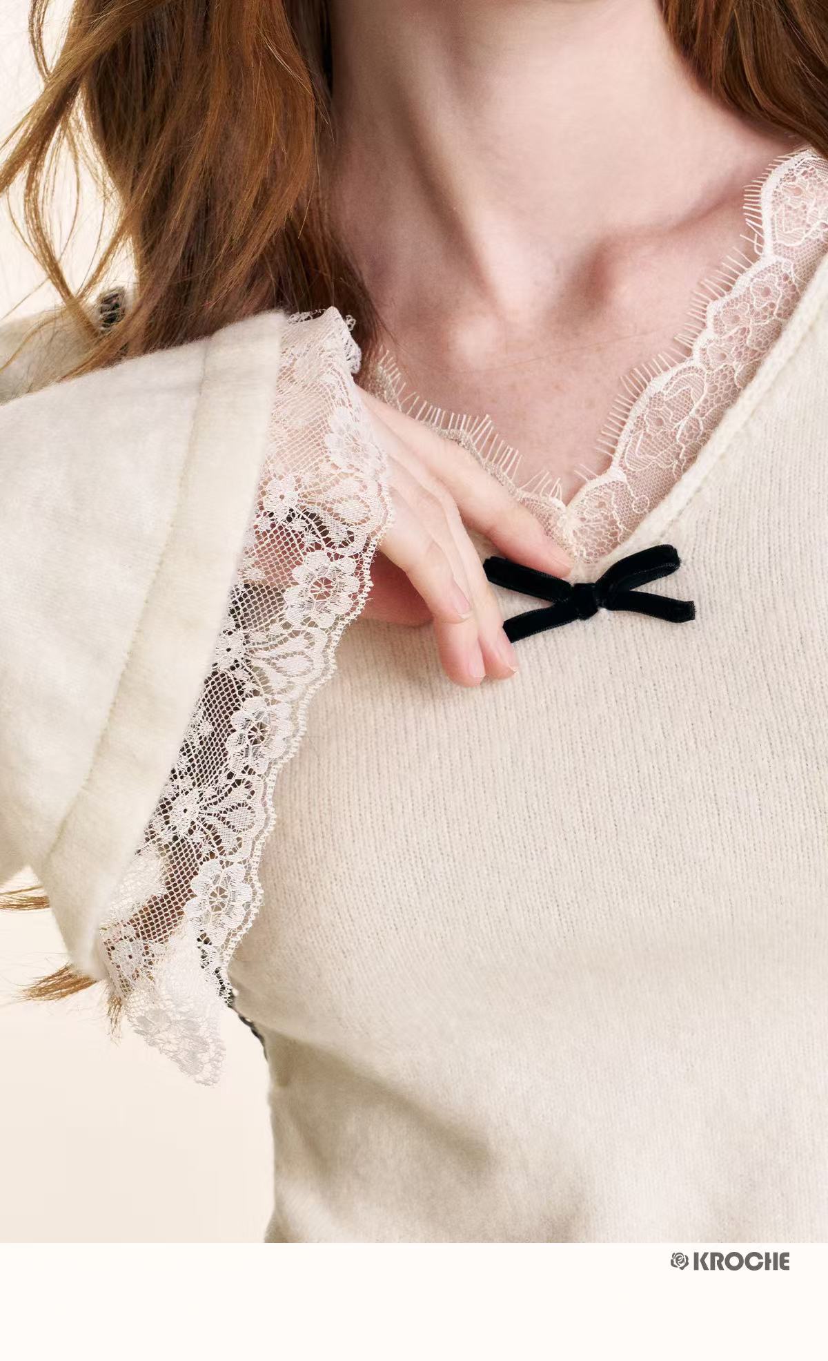 Kroche V-nece Lace Knitted Shirt (2color)