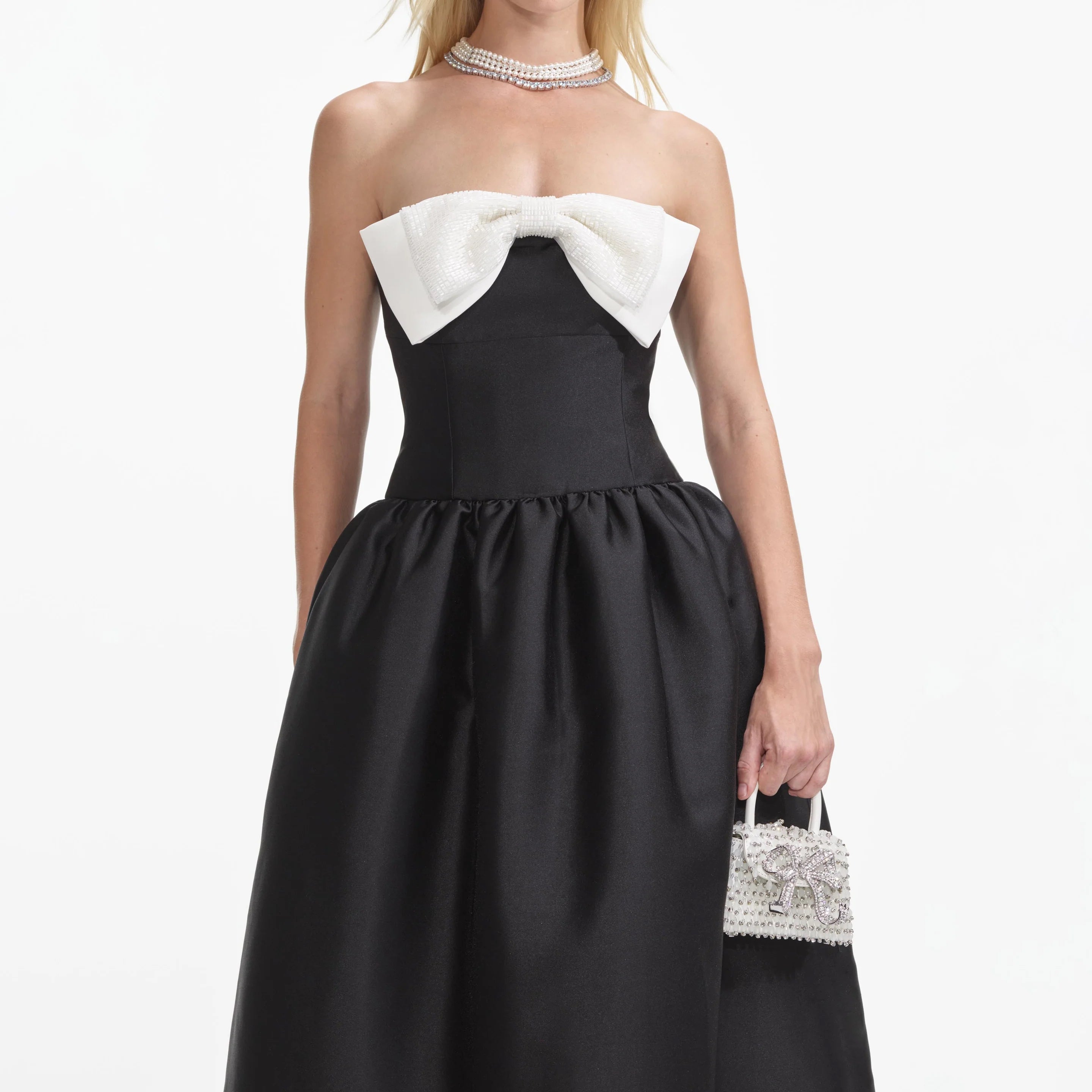 Self-Portrait BLACK TAFFETA CONTRAST BOW MIDI DRESS