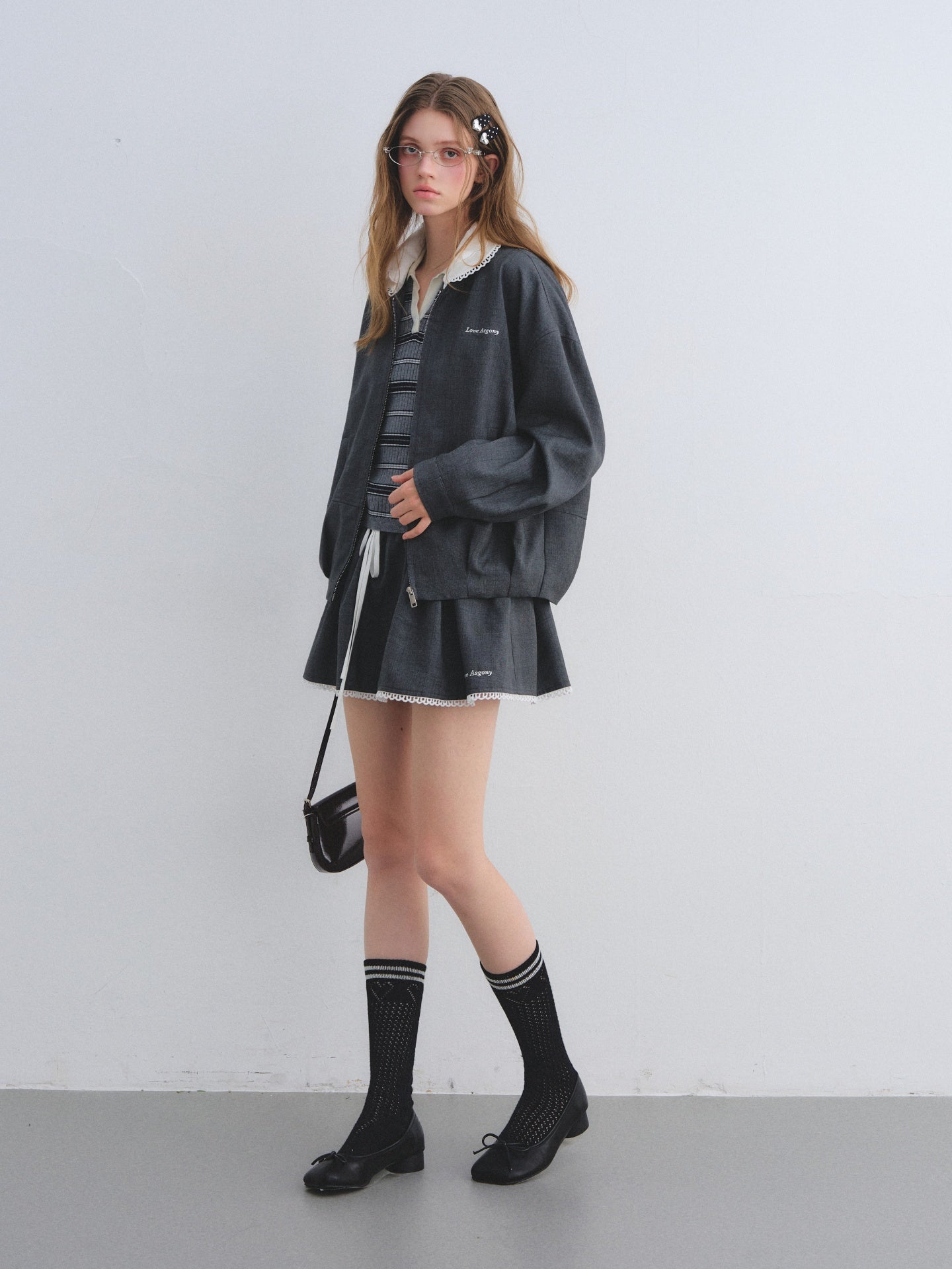 AsGony ASG25668&ASG25645 Lace collar decorative flower bud jacket + short skirt set