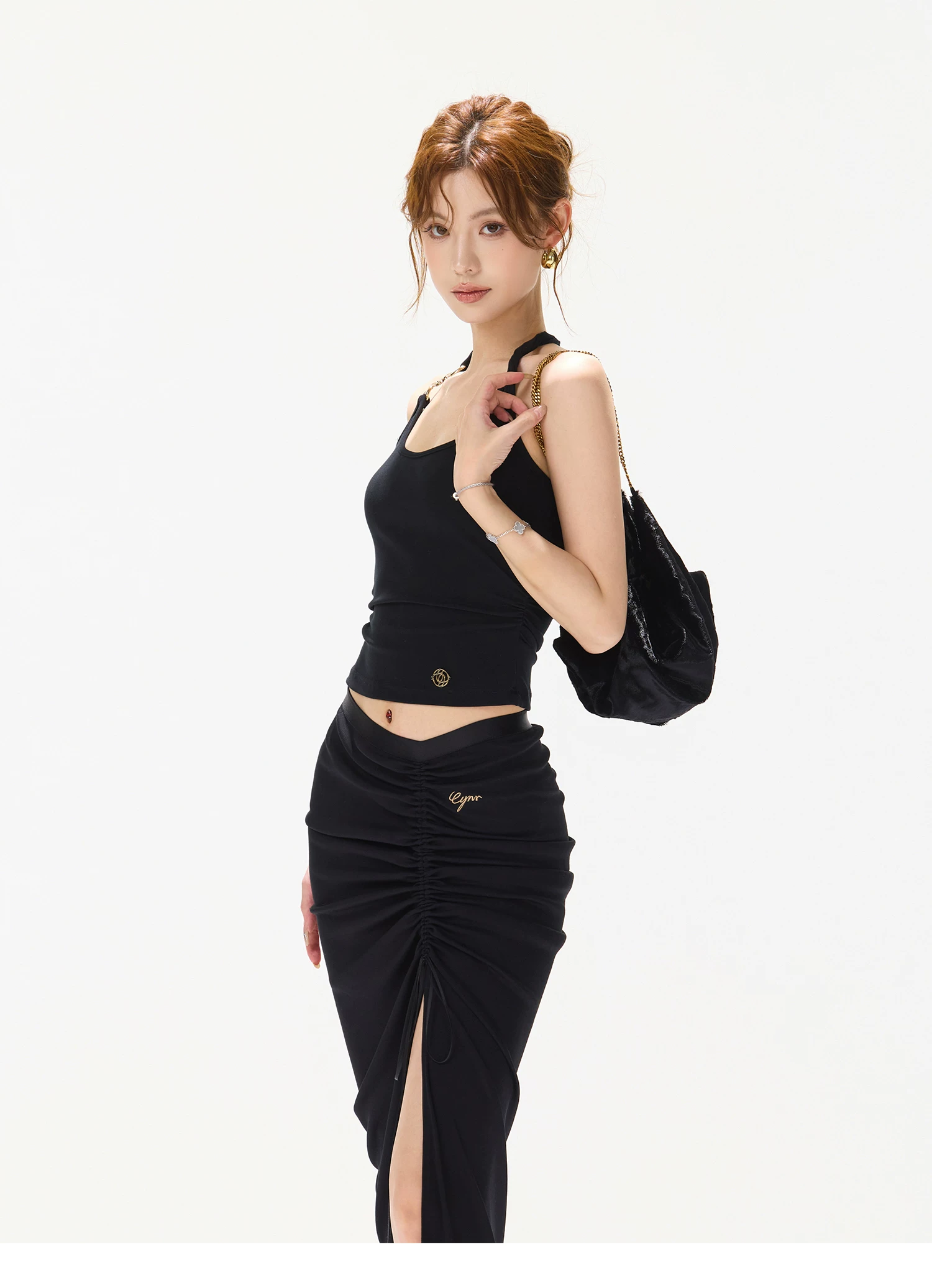 CYNR Halter Neck Knot Front Tank Top & Drawstring Bodycon Skirt