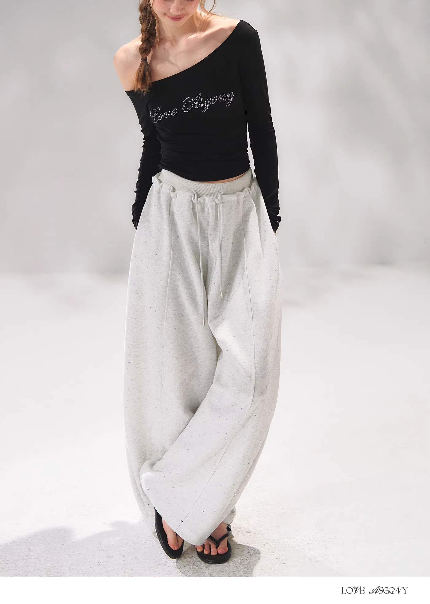 AsGony ASG26049 Hot-stamped diamond drawstring elastic waistband cargo pants