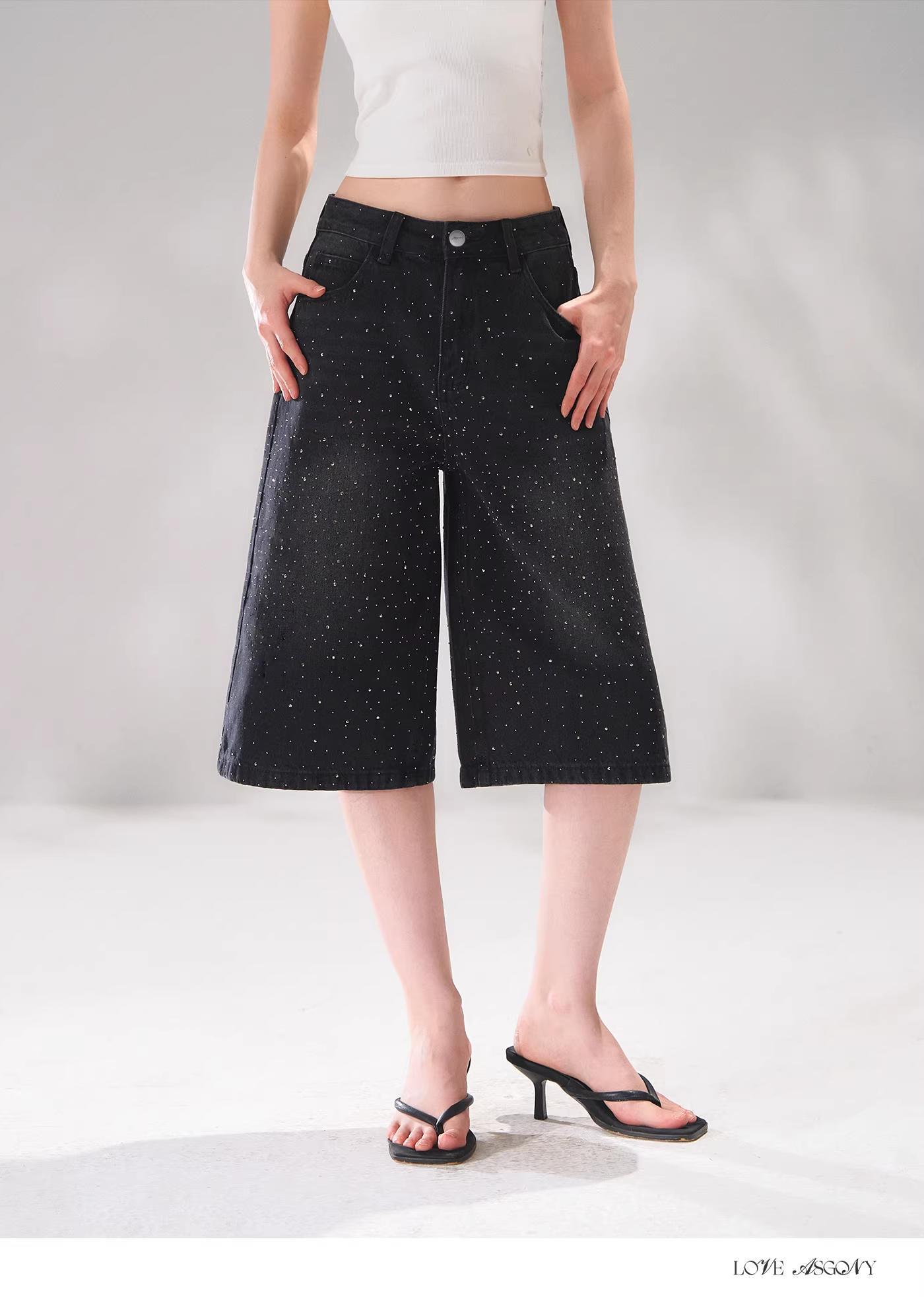 AsGony ASG26070 Rhinestone washed wide leg denim cropped pants