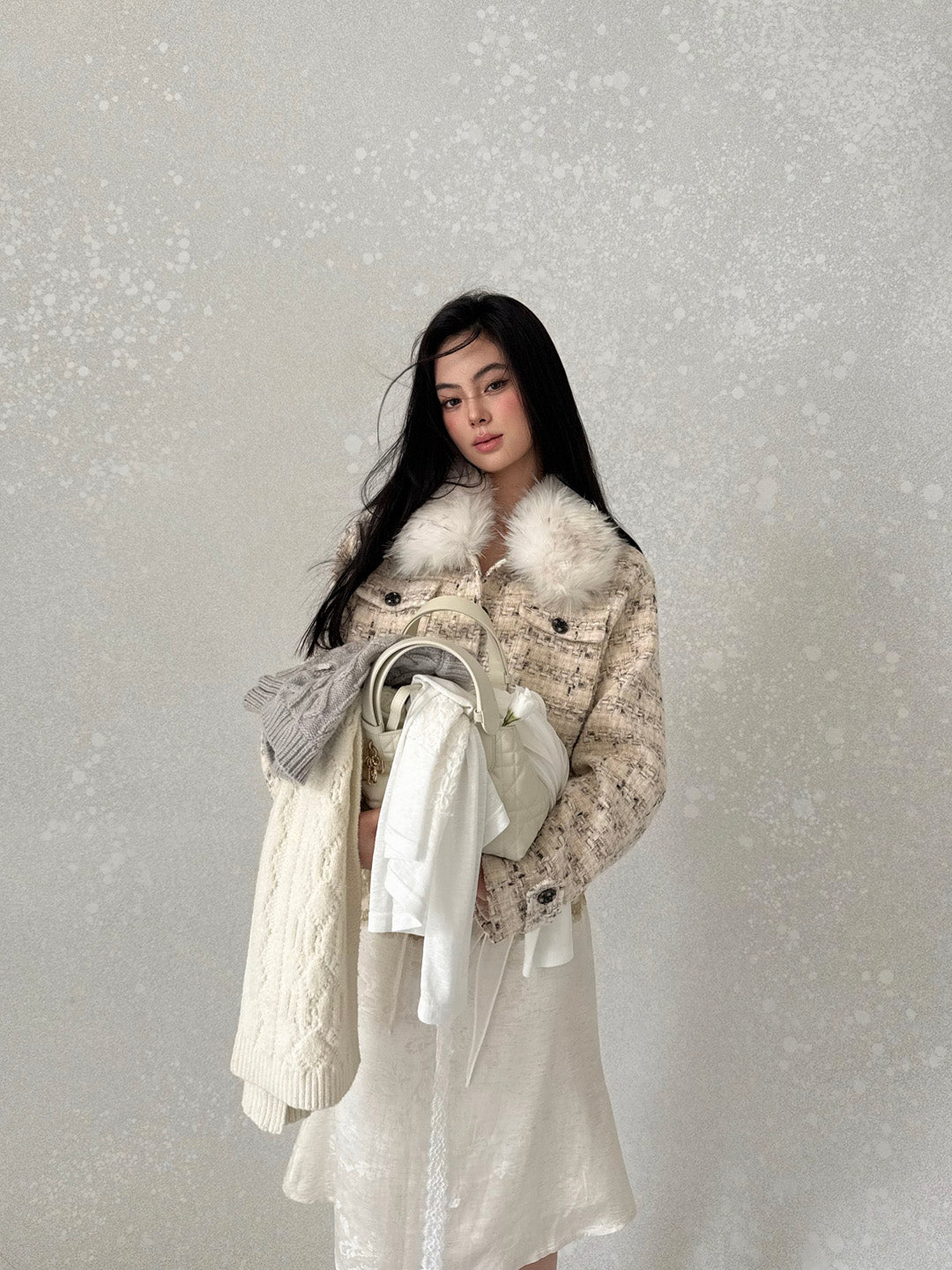 NONCESTNON N239 Chiffon Fur Trimmed Coat