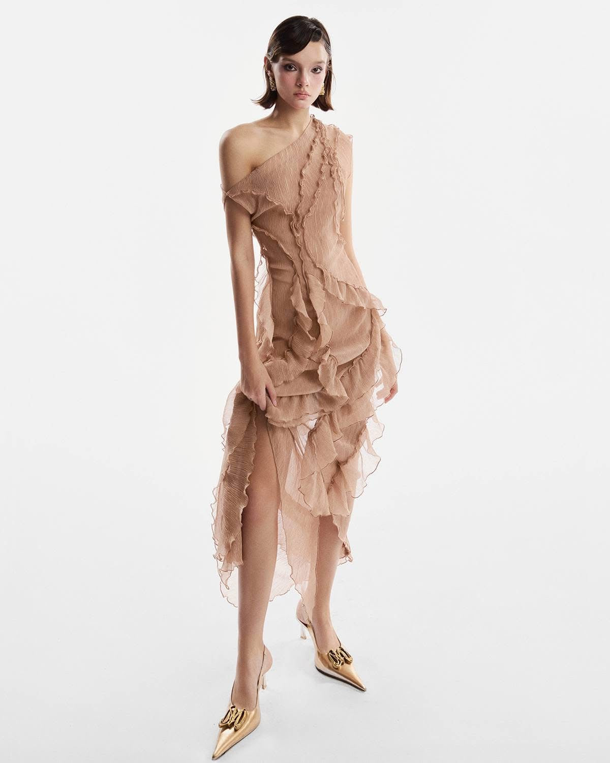 MUST HAVE BEIGE RUFFLE MIDI DRESS