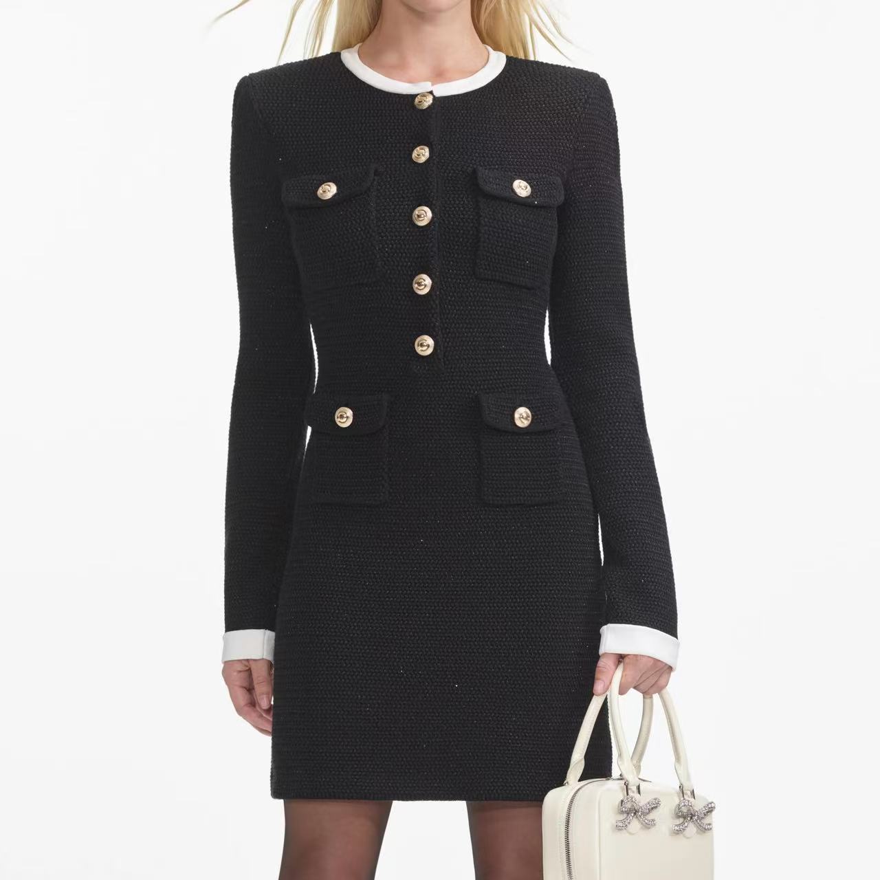 Self-Portrait BLACK KNIT CONTRAST COLLAR MINI DRESS