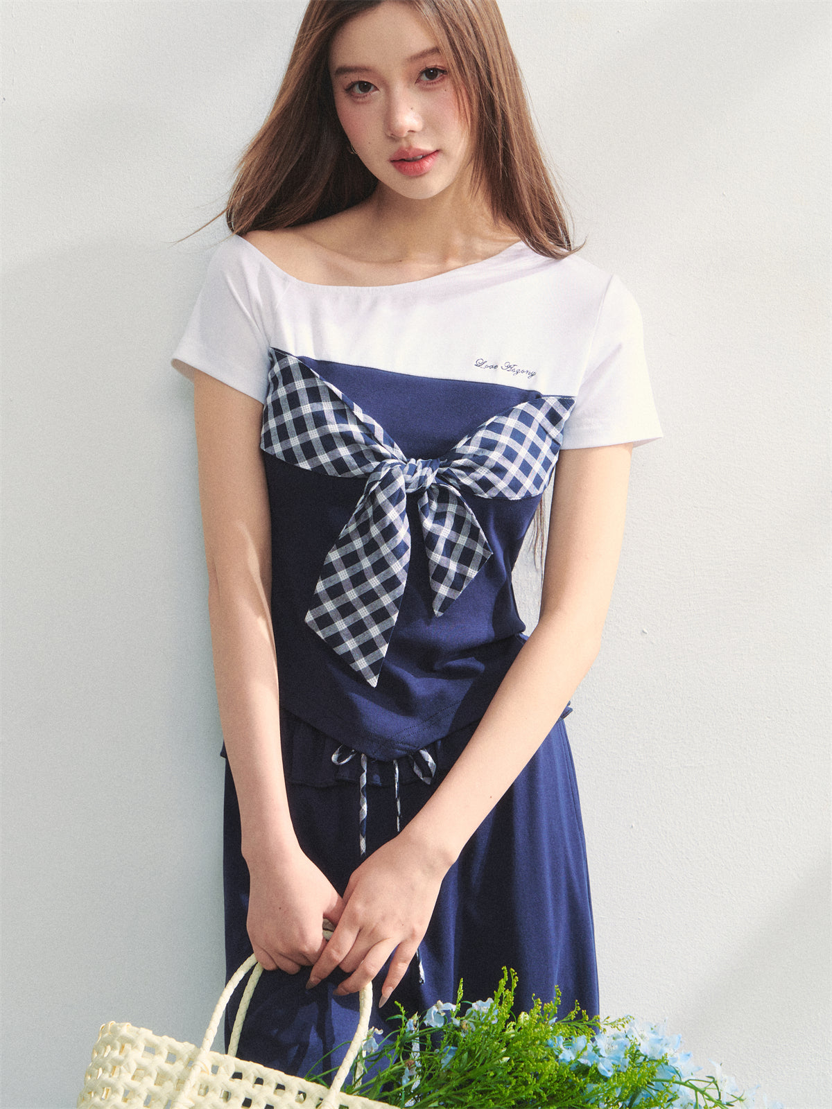 AsGony ASG25207&ASG25208 Grid tied slim fit top+sports pants (2color)