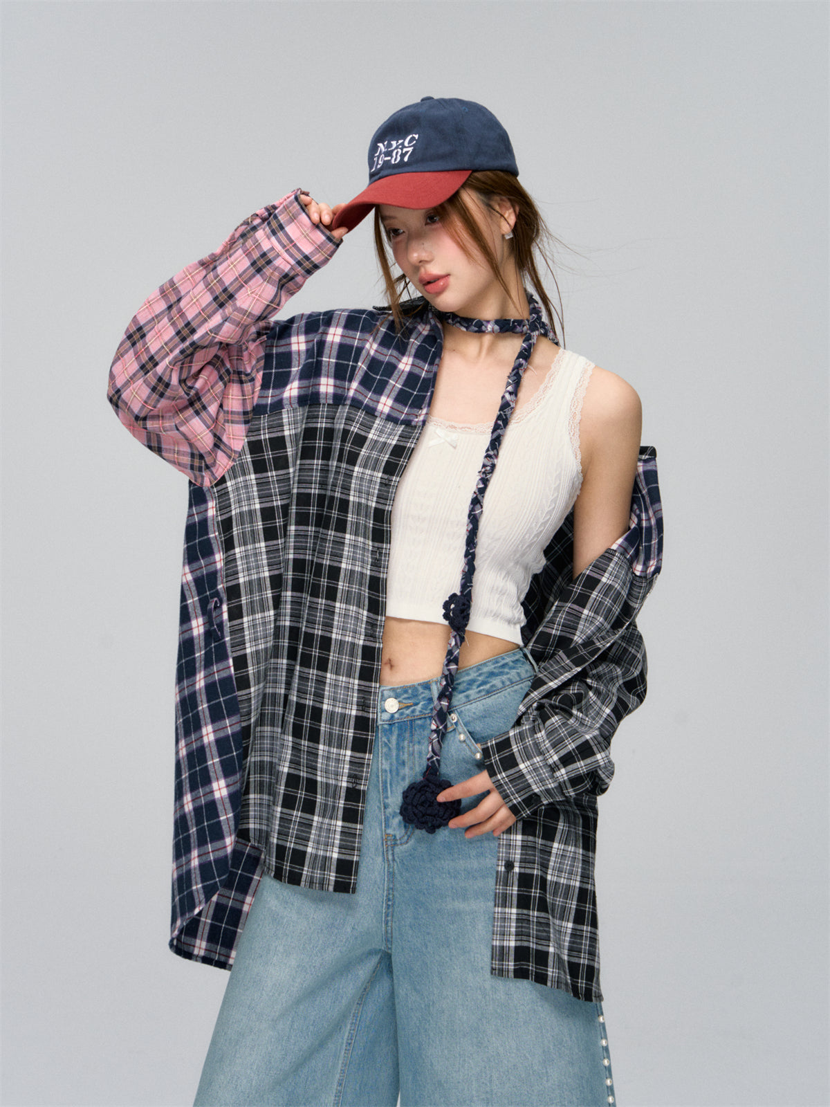 AsGony ASG25034 Checkered multi-color patchwork loose shirt