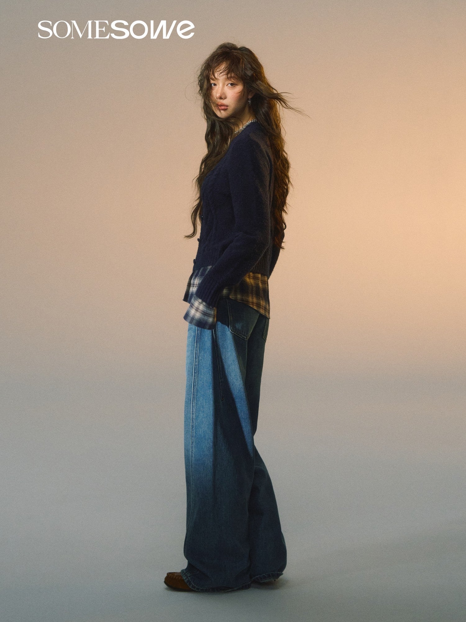 SOMESOWE S2508275 Fake two piece checkered spliced floral cardigan