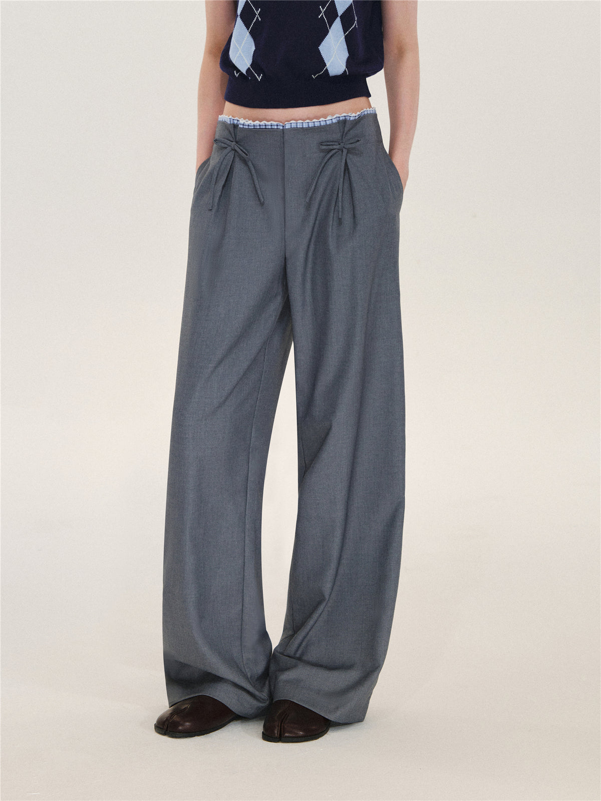 Asgony ASG26627 Plaid Lace-Trim Pleated-Waist Trousers