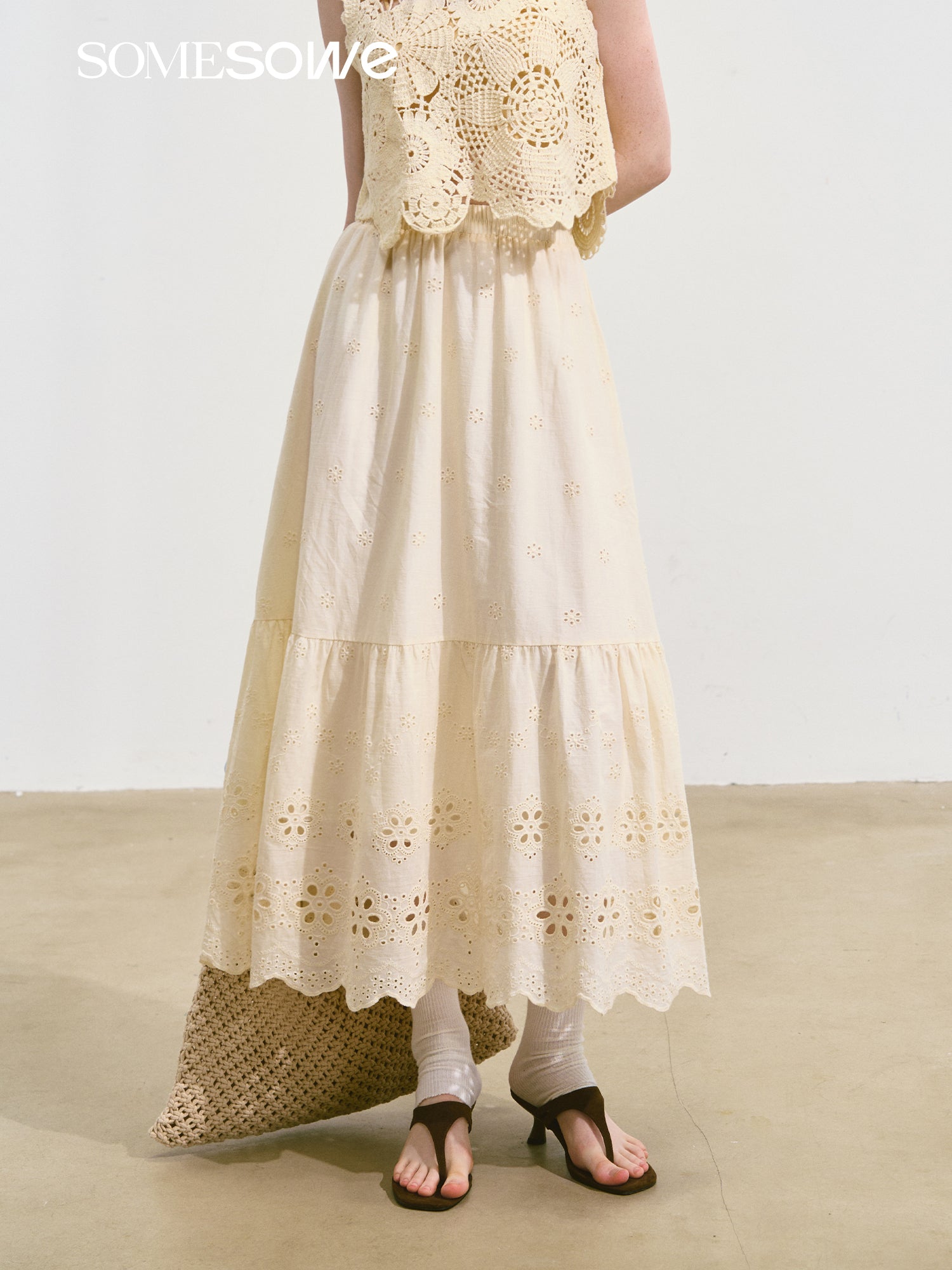 SOMESOWE S2508107&S2508118 Embroidered hollow flower vest + skirt set