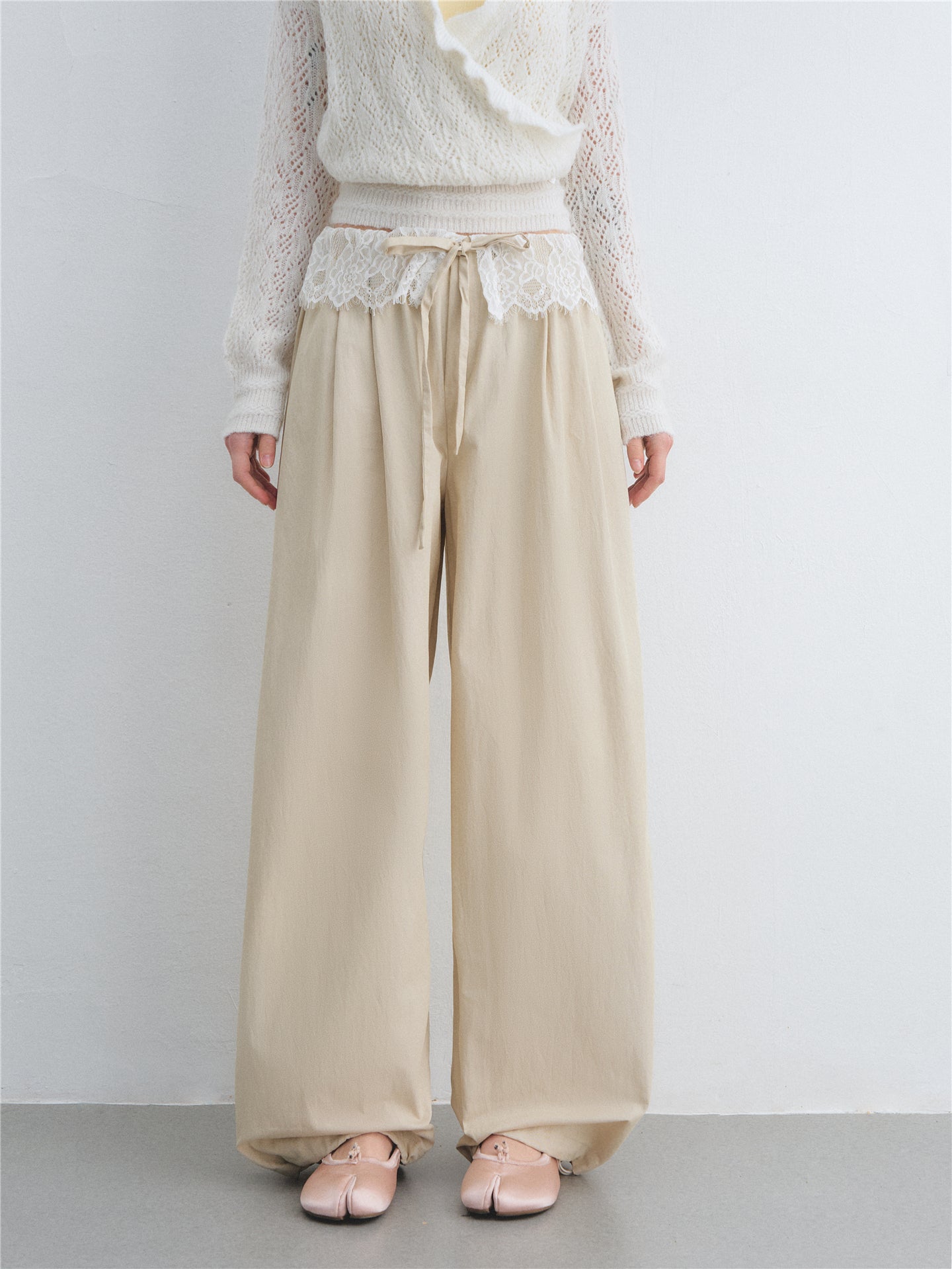 AsGony ASG26024 Lace patchwork drawstring waist wide leg casual pants