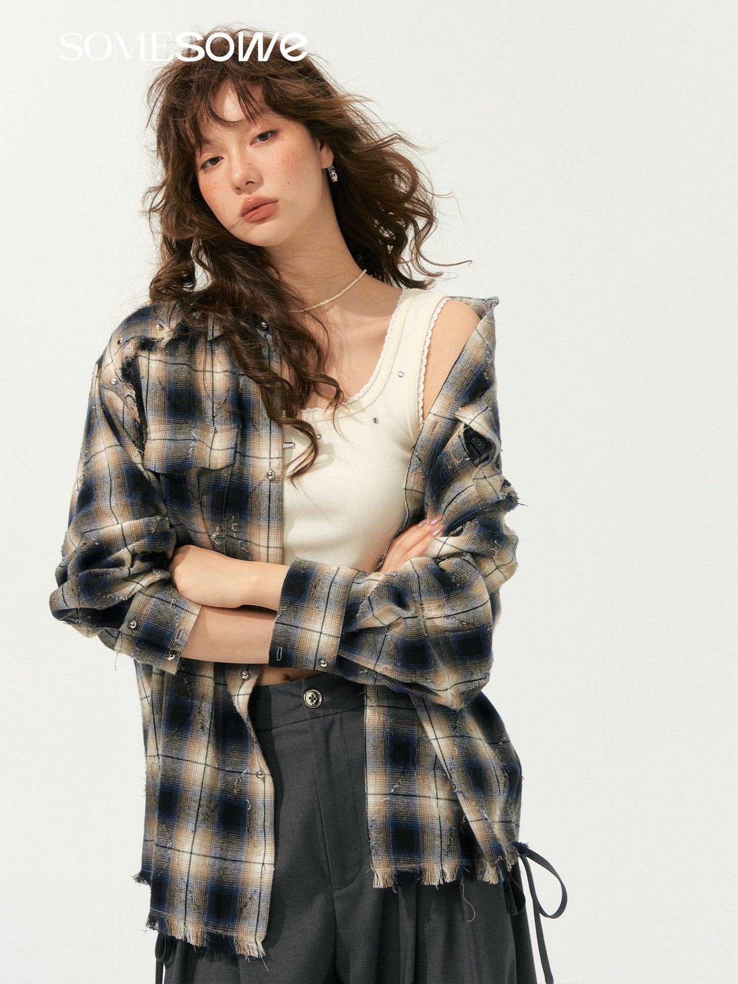SOMESOWE S2508185 Light punk fringe plaid shirt