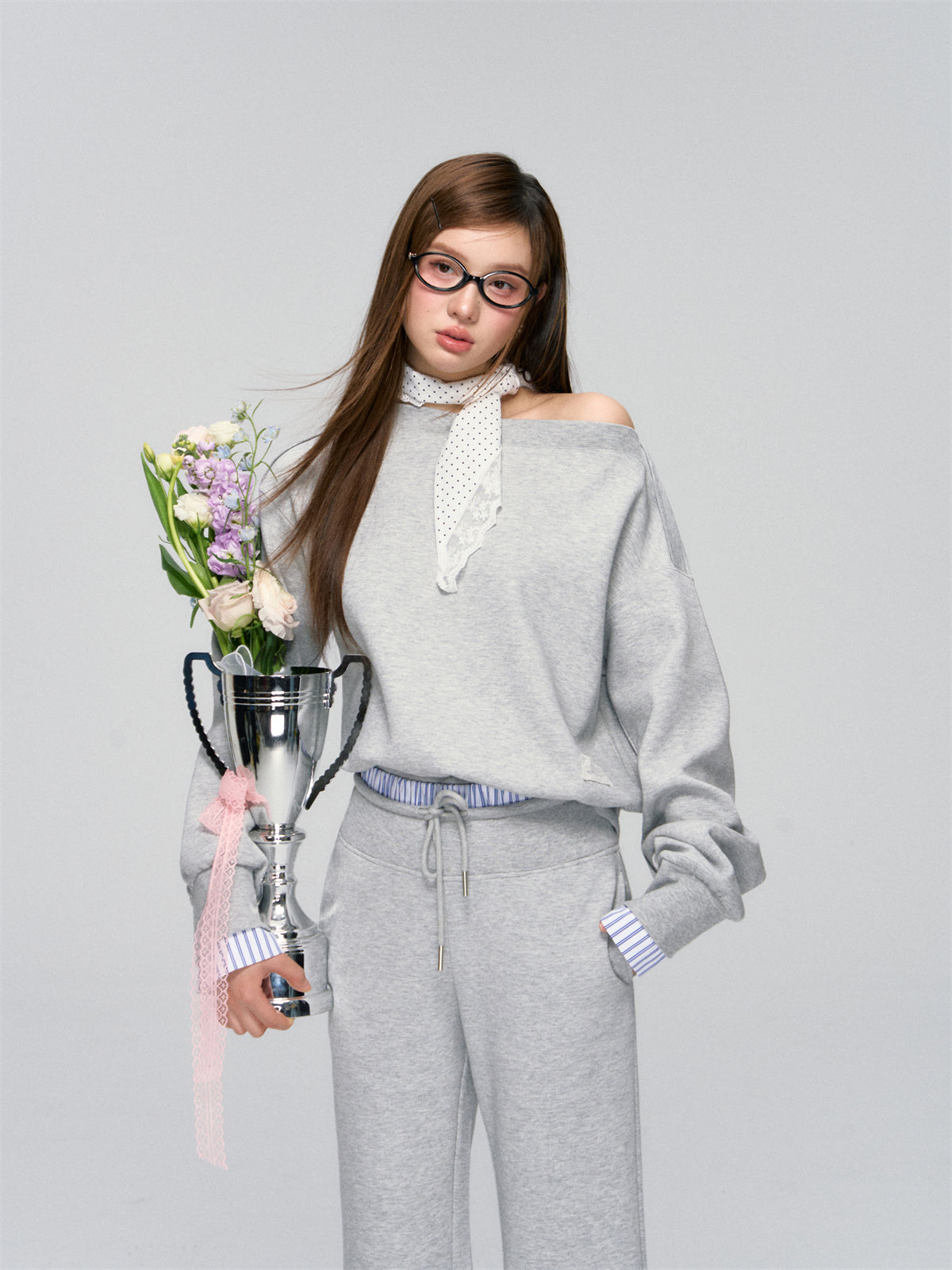 AsGony ASG25006&ASG25007 Splicing striped lace hoodie + pants set