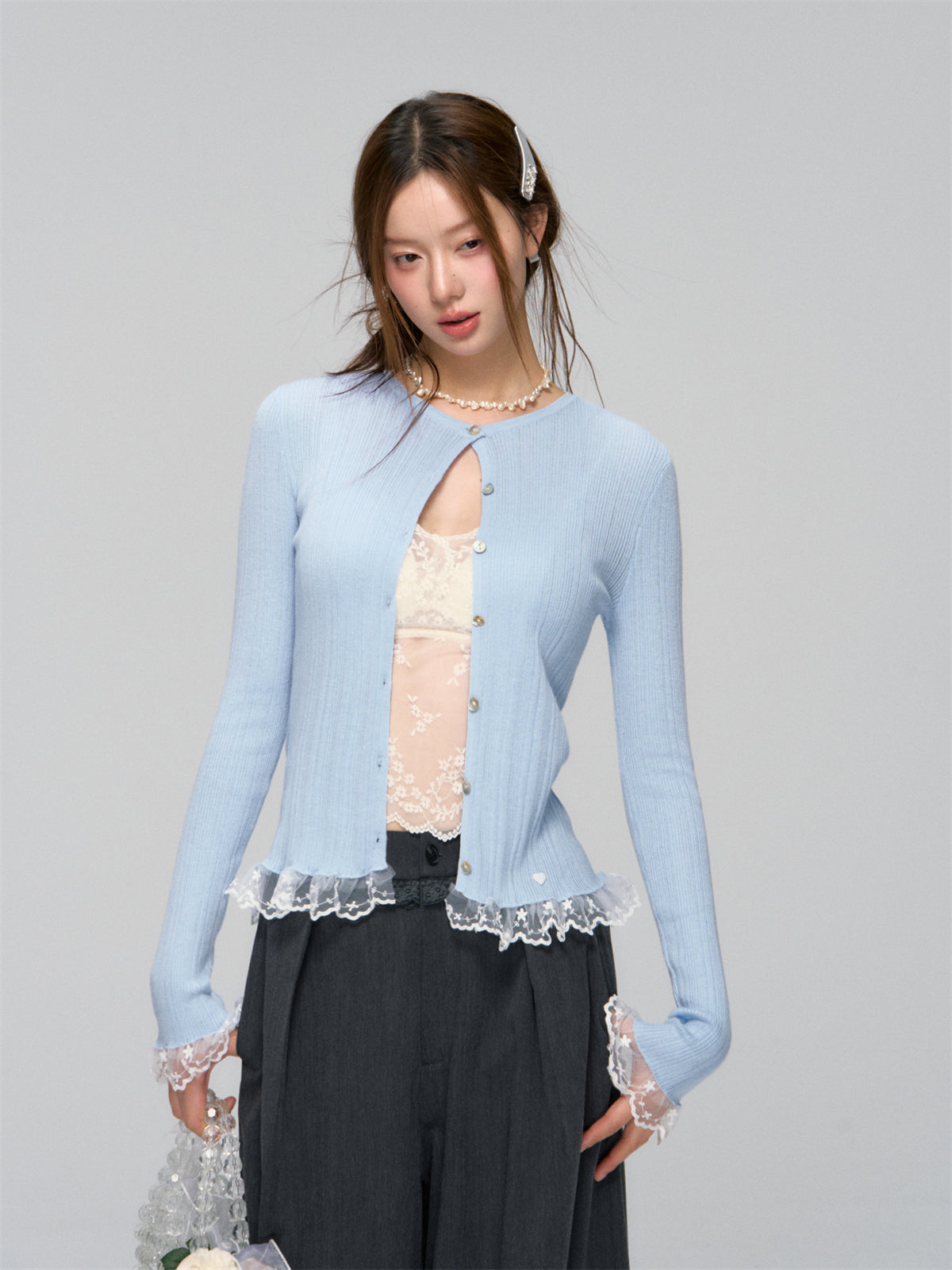 AsGony ASG25039 Lace hem patchwork knit cardigan (2color)
