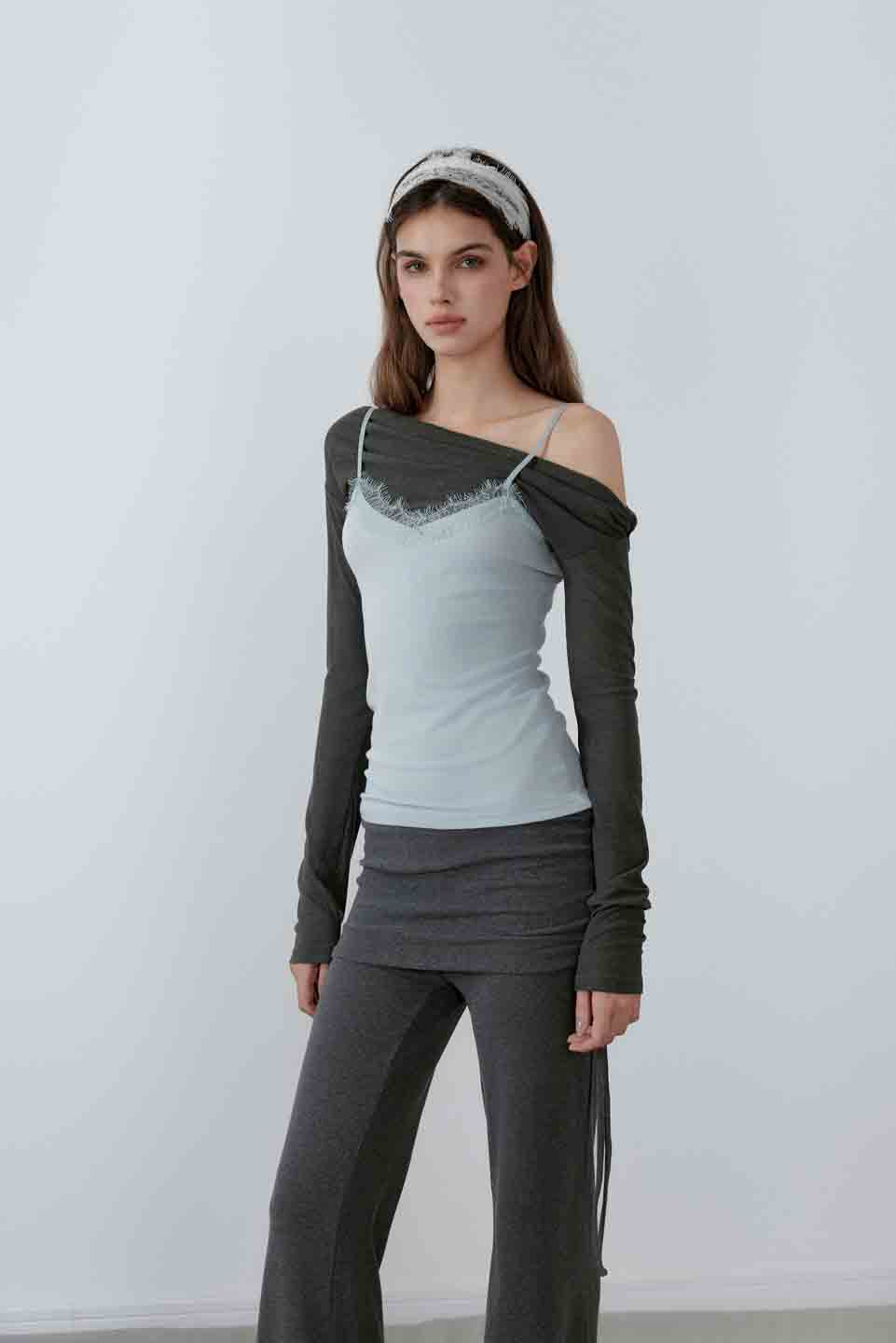 NONCESTNON N222 One shoulder fake two piece top
