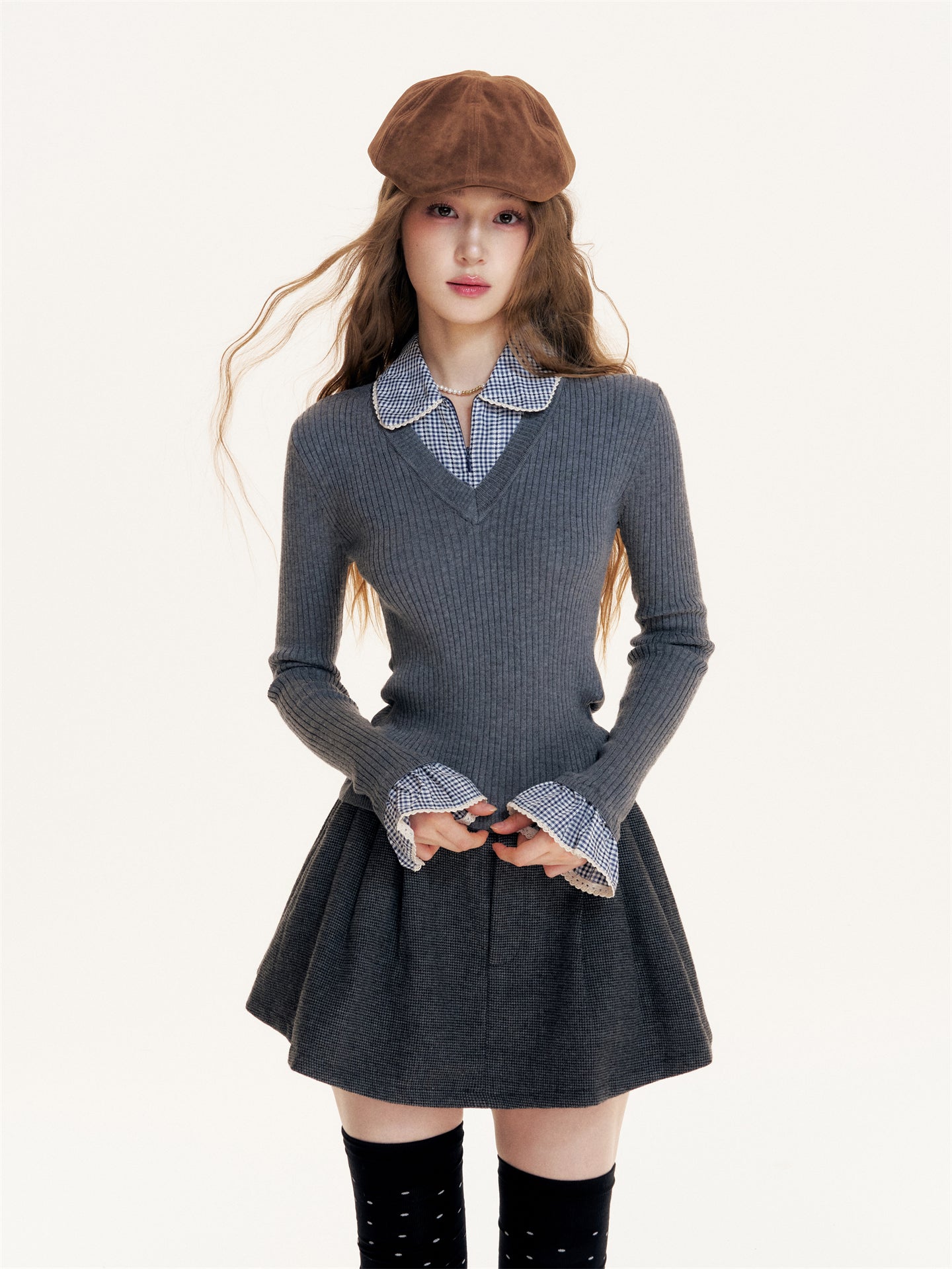 16DEWS 16D25405 Plaid contrasting splicing fake two-piece knitted top