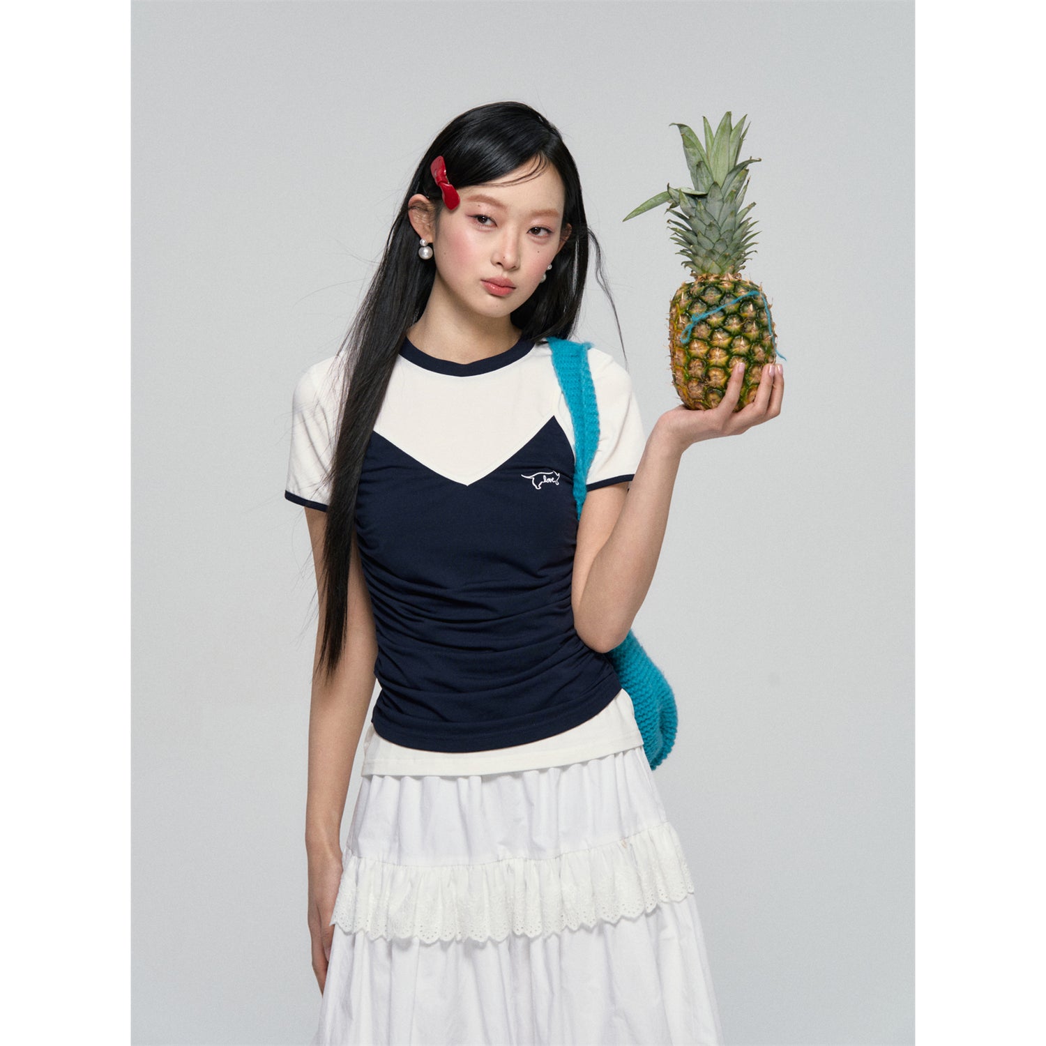 AsGony ASG25063 Color blocking strap style fake two-piece T-shirt