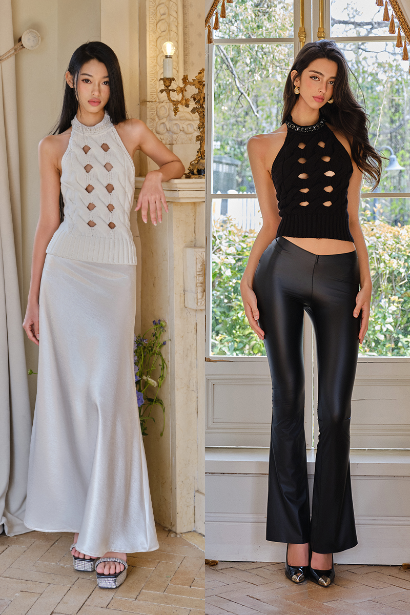 FIND YA WINGS Knitted hollow halter neck top (2color)