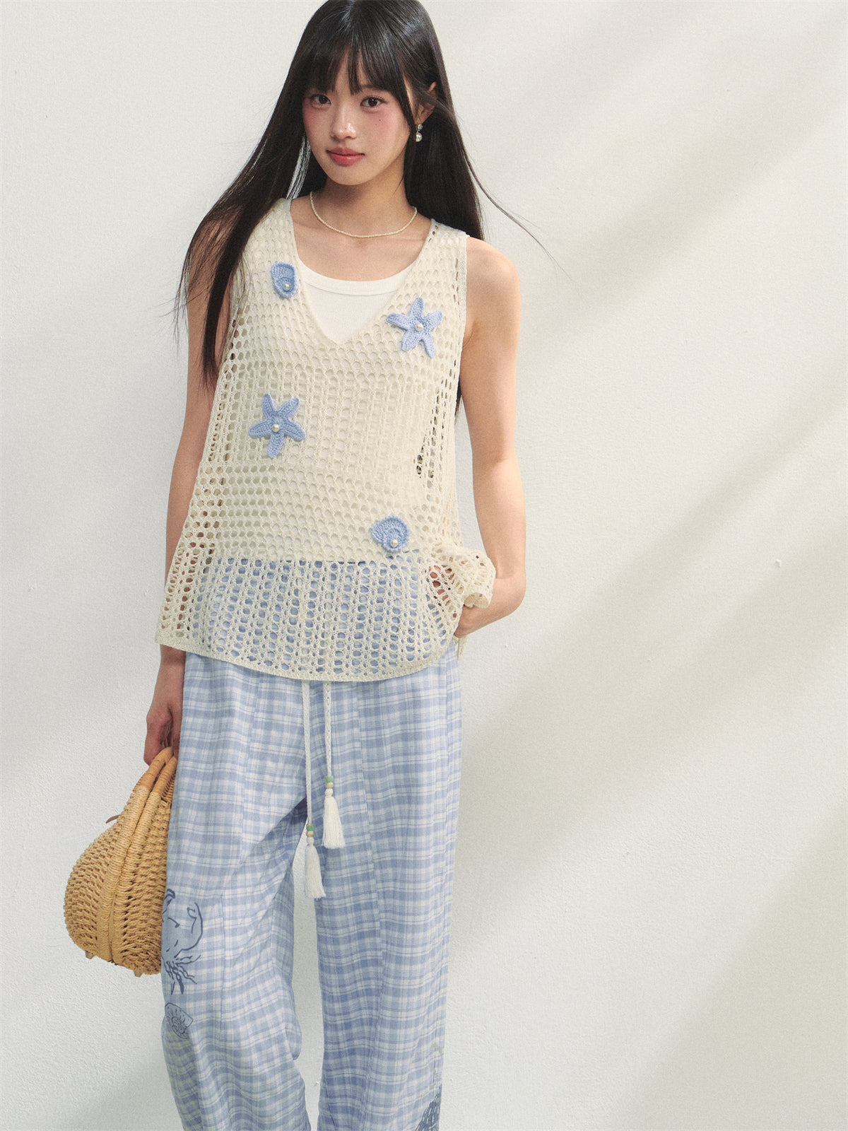 AsGony ASG25231 Ocean style pearl flower vest (2color)