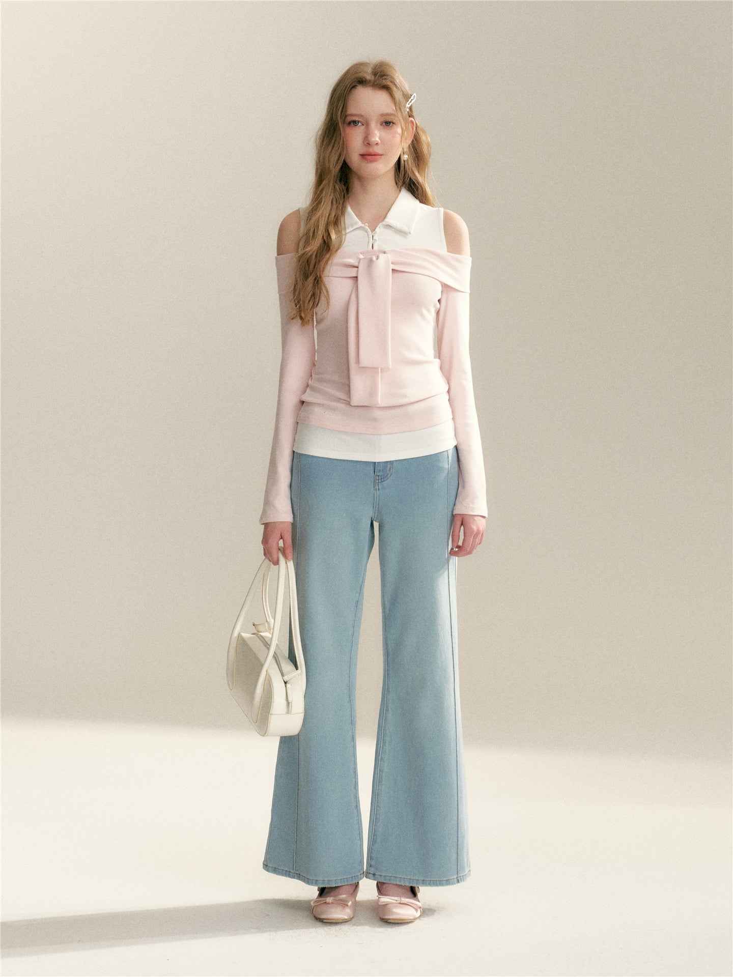 16DEWS 16D26022 Fake two piece off shoulder strap splicing slim fit top