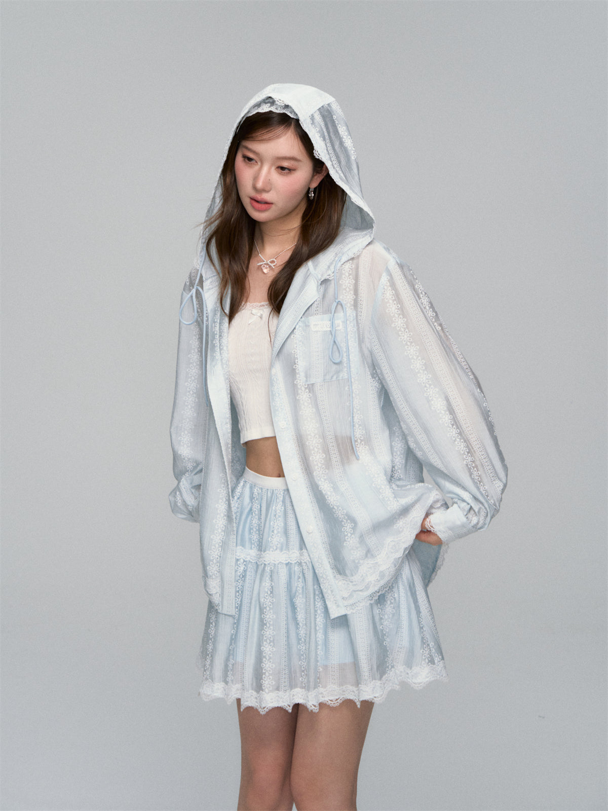 AsGony ASG25118&ASG25119 Floral texture patchwork lace hooded jacket + skirt set (seperate)