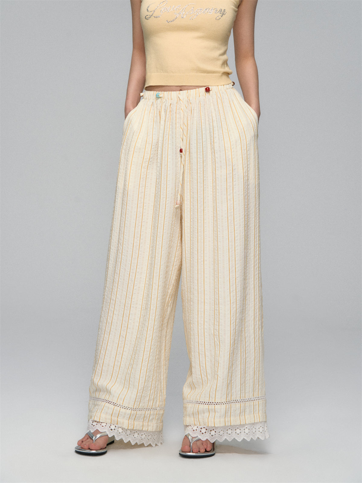 AsGony ASG25113 Striped lace straight leg casual pants (2color)