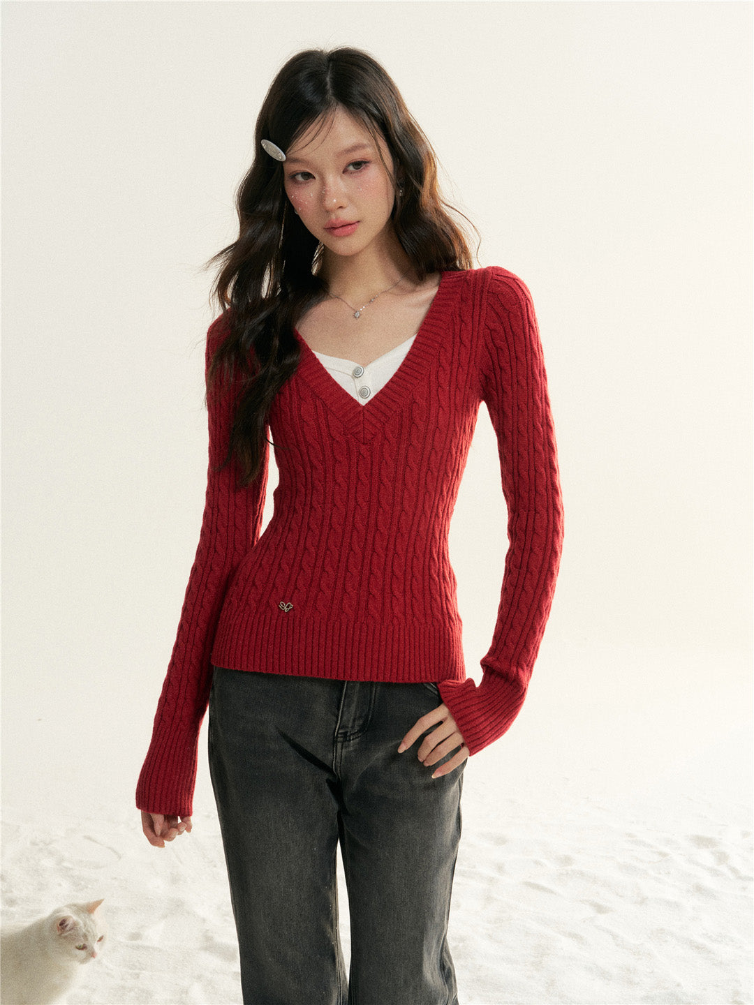 16DEWS 16D25514 Contrast V-neck fake two pieces knitting knitwear