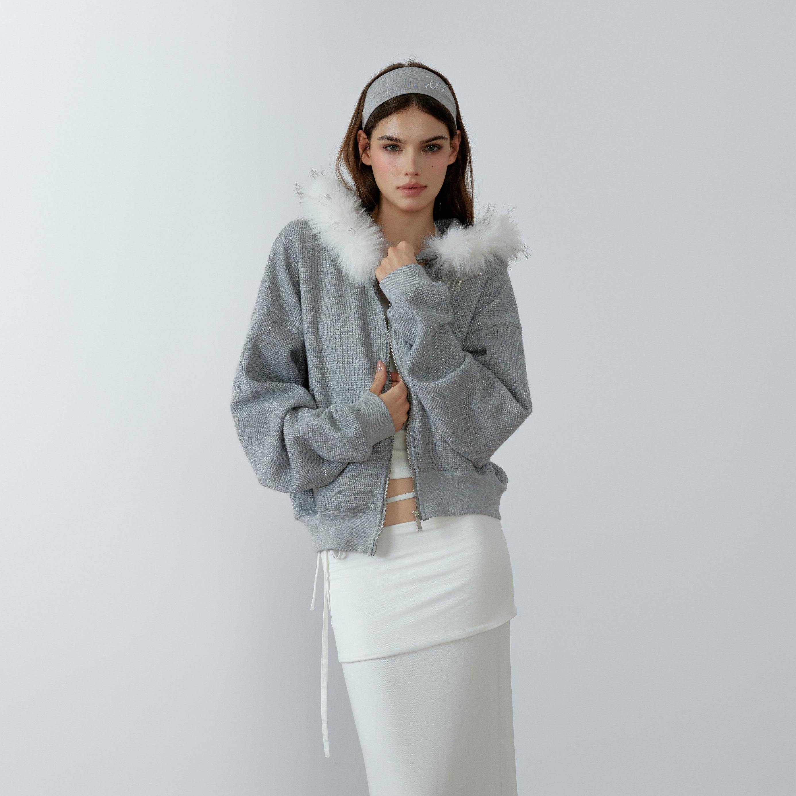 NONCESTNON N227 White fur collar gray hoodie