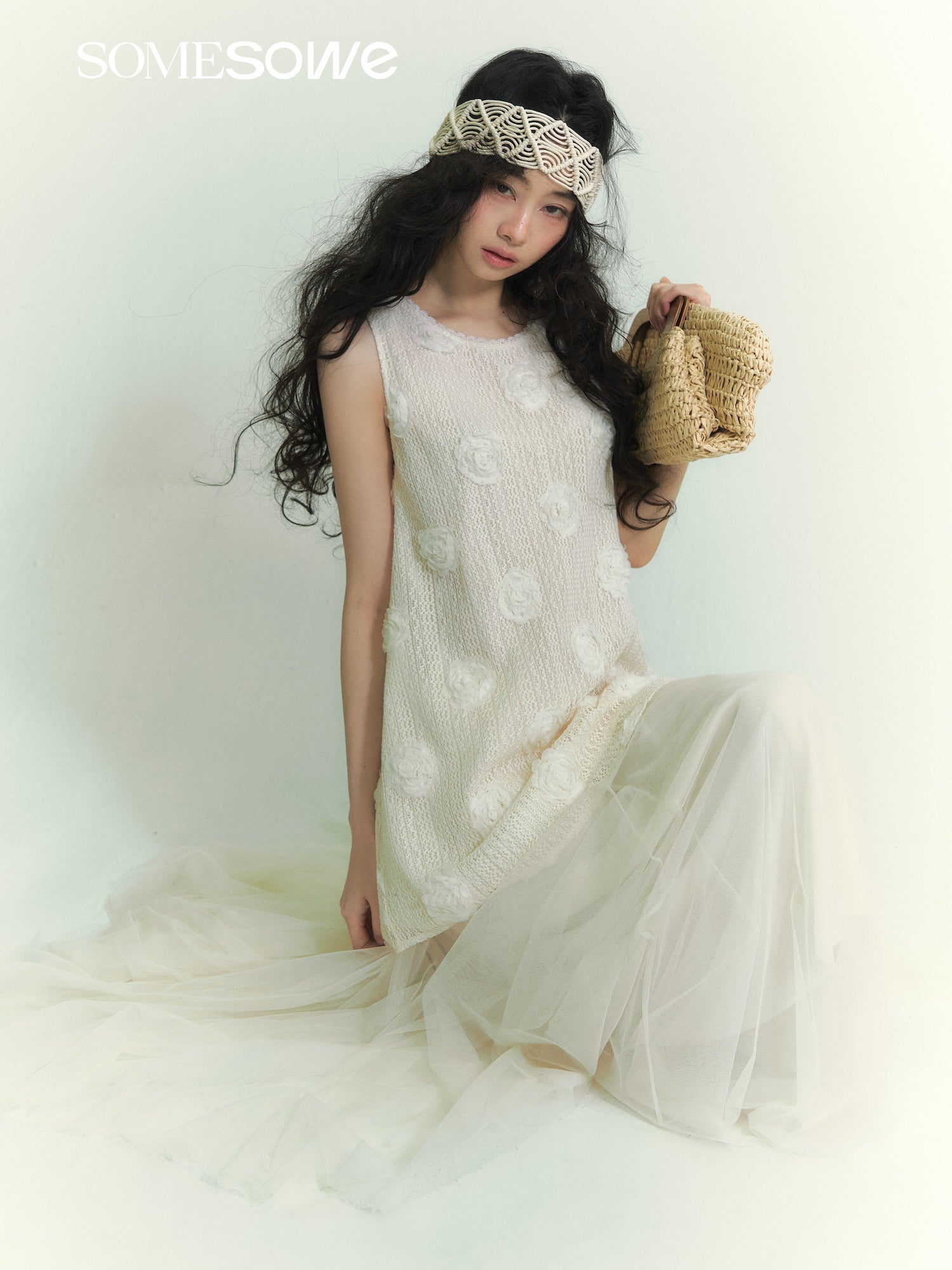 SOMESOWE S2609047 3D floral lace up vest dress