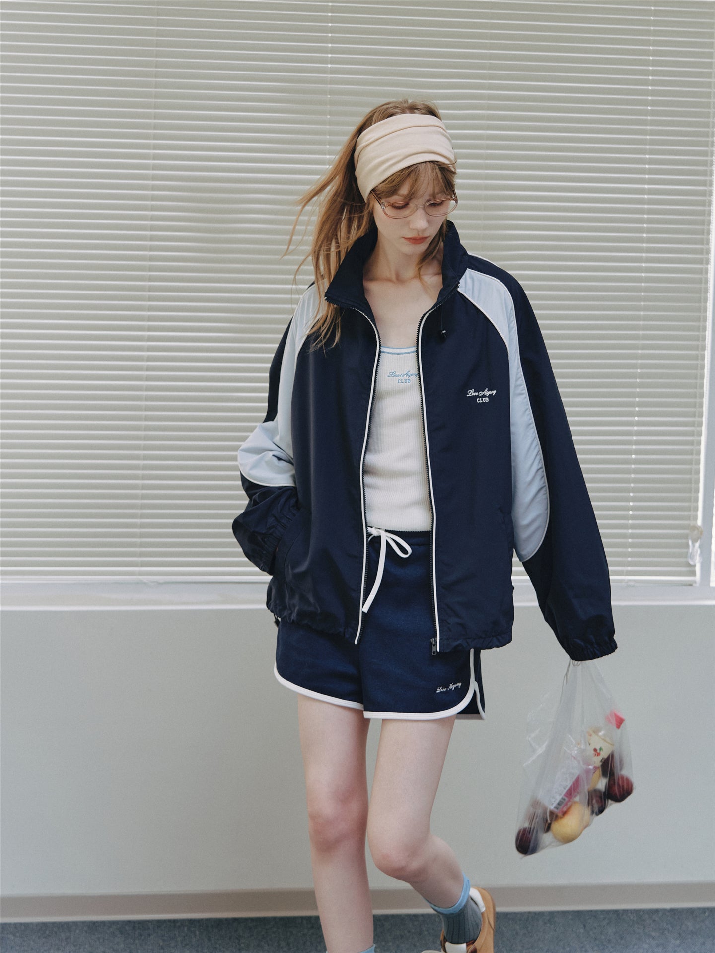 Asgony ASG26545 Contrast Patchwork Stand Collar Drawstring Sports Jacket