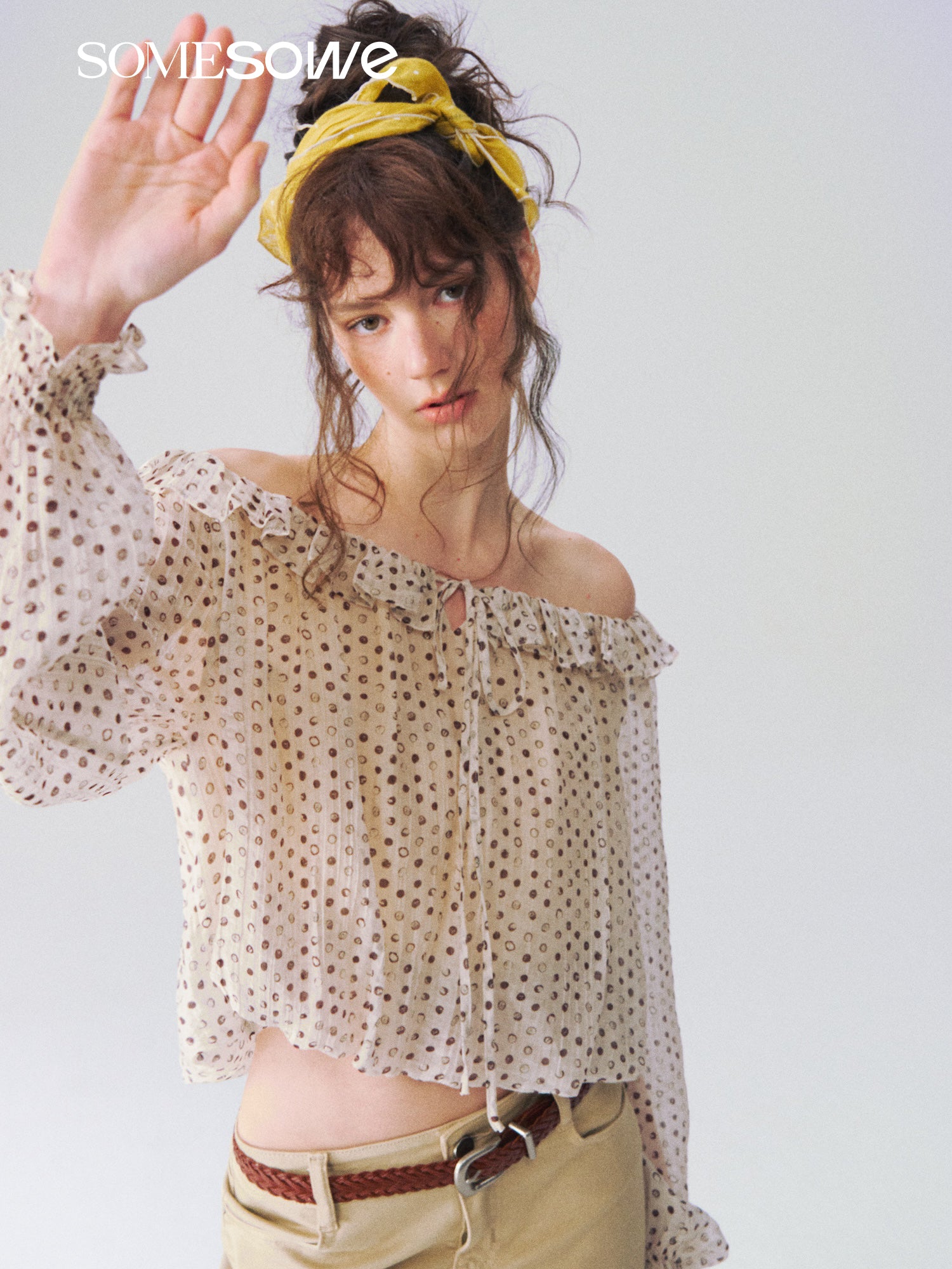 SOMESOWE S2609100 French style off shoulder polka dot ruffle top