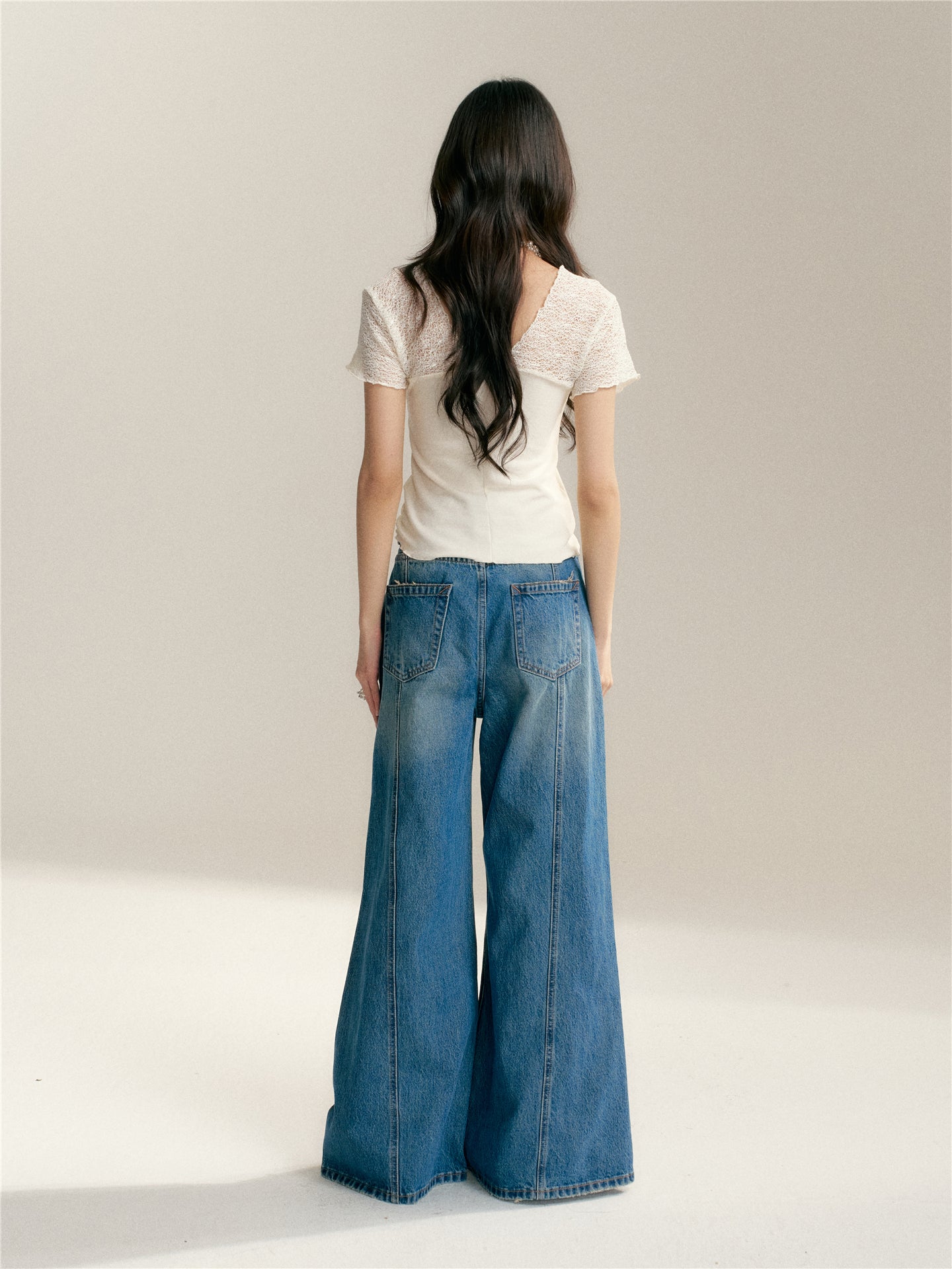 16DEWS 16D26005 Pearl hot stamping high waisted wide leg jeans