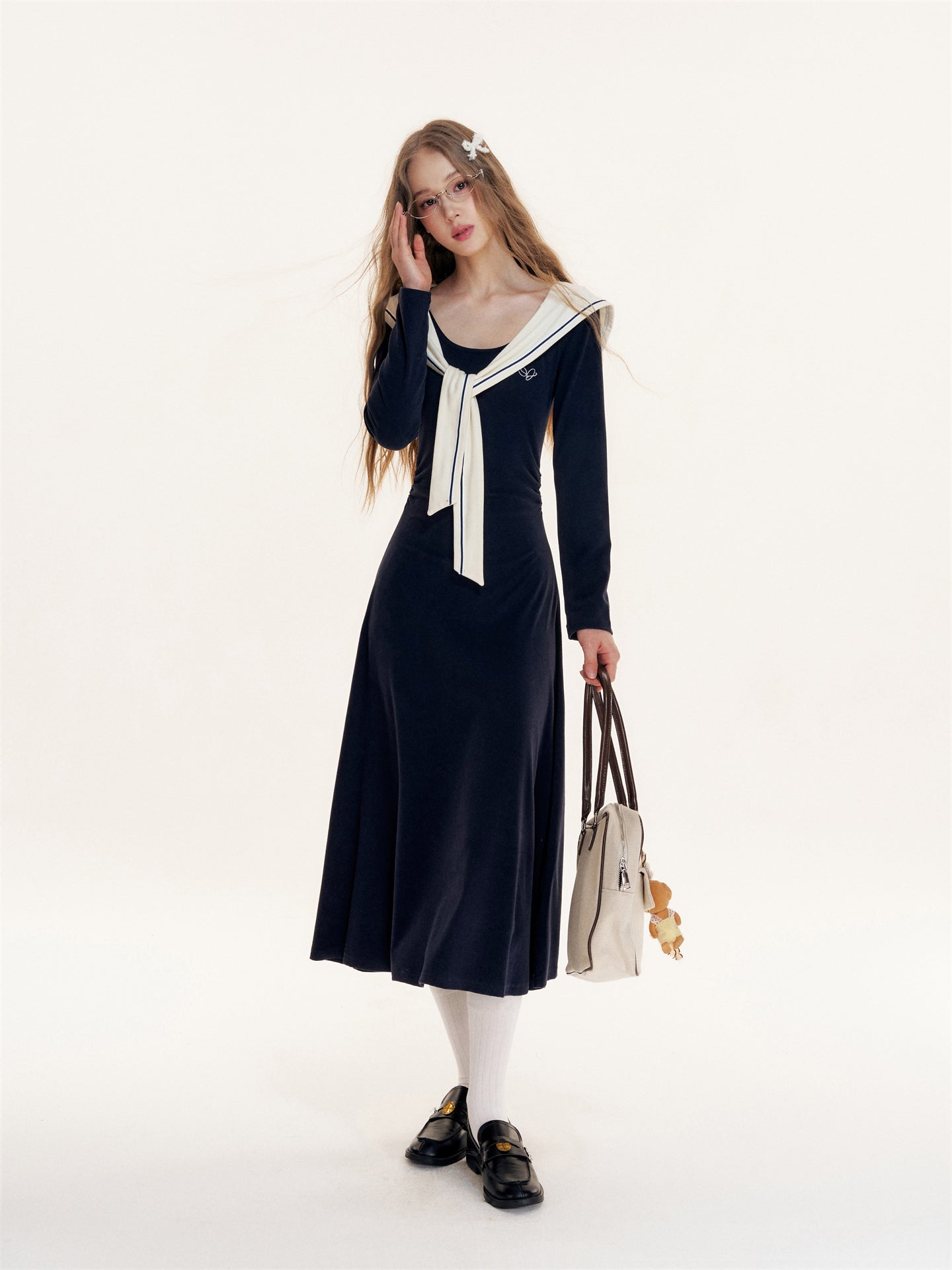 16DEWS 16D25422 Navy collared waist cinched dress