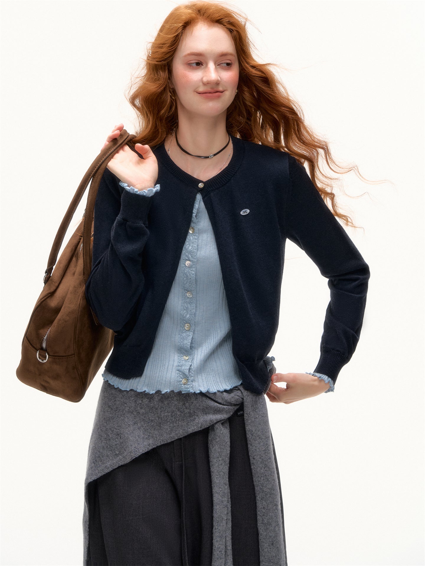 AsGony ASG25409 Color blocking fake two-piece spliced knitted cardigan