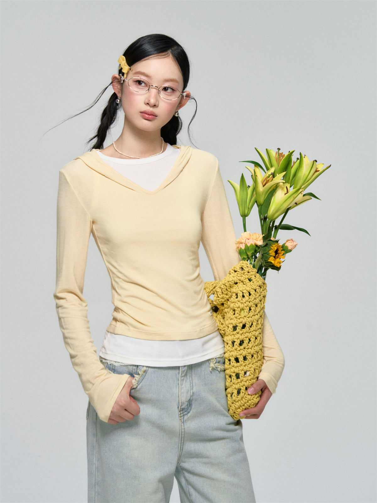 AsGony ASG25066 Lace patchwork two piece slim fit base top