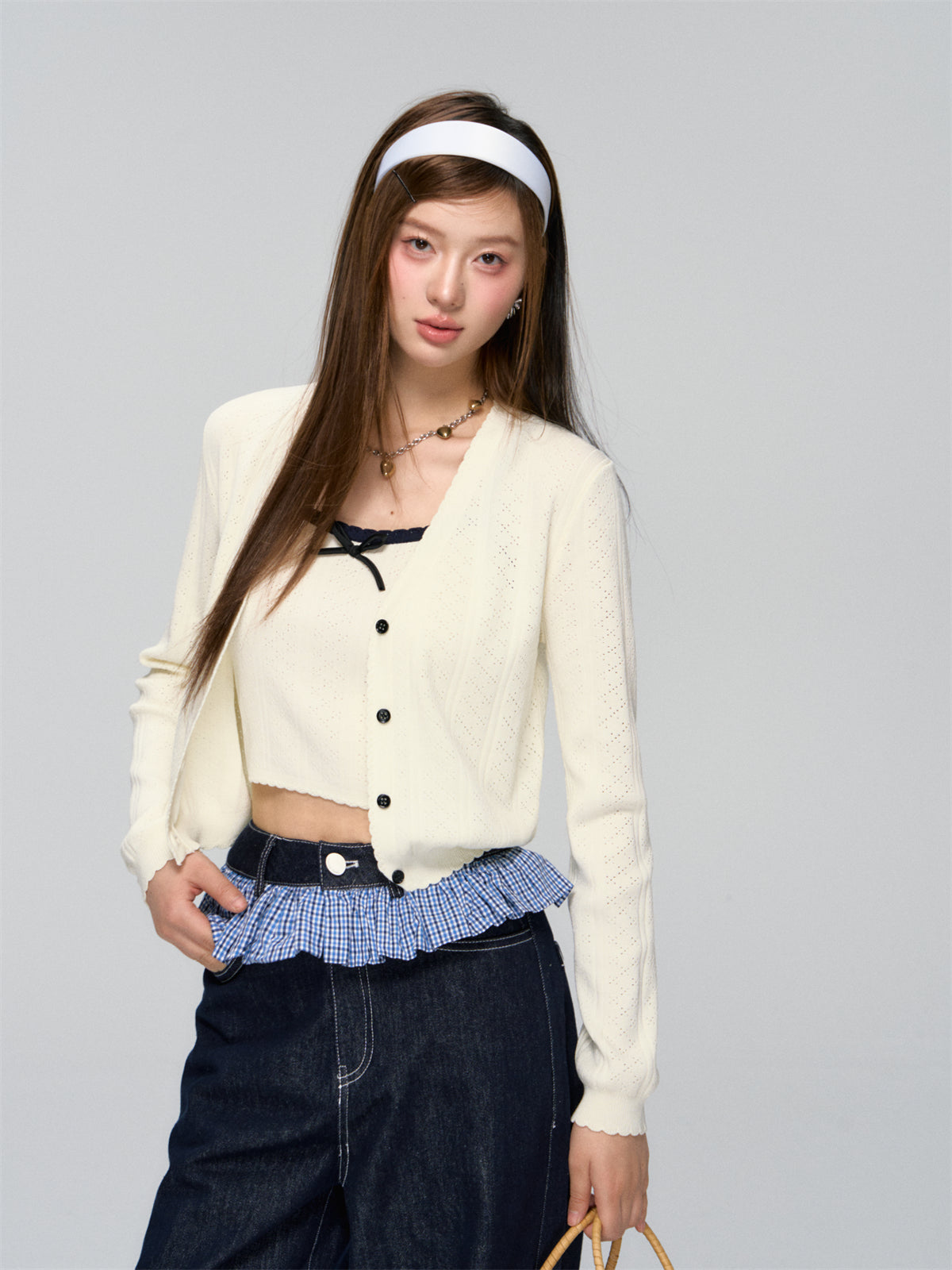AsGony ASG25041 Color blocking bow strap cardigan two-piece set