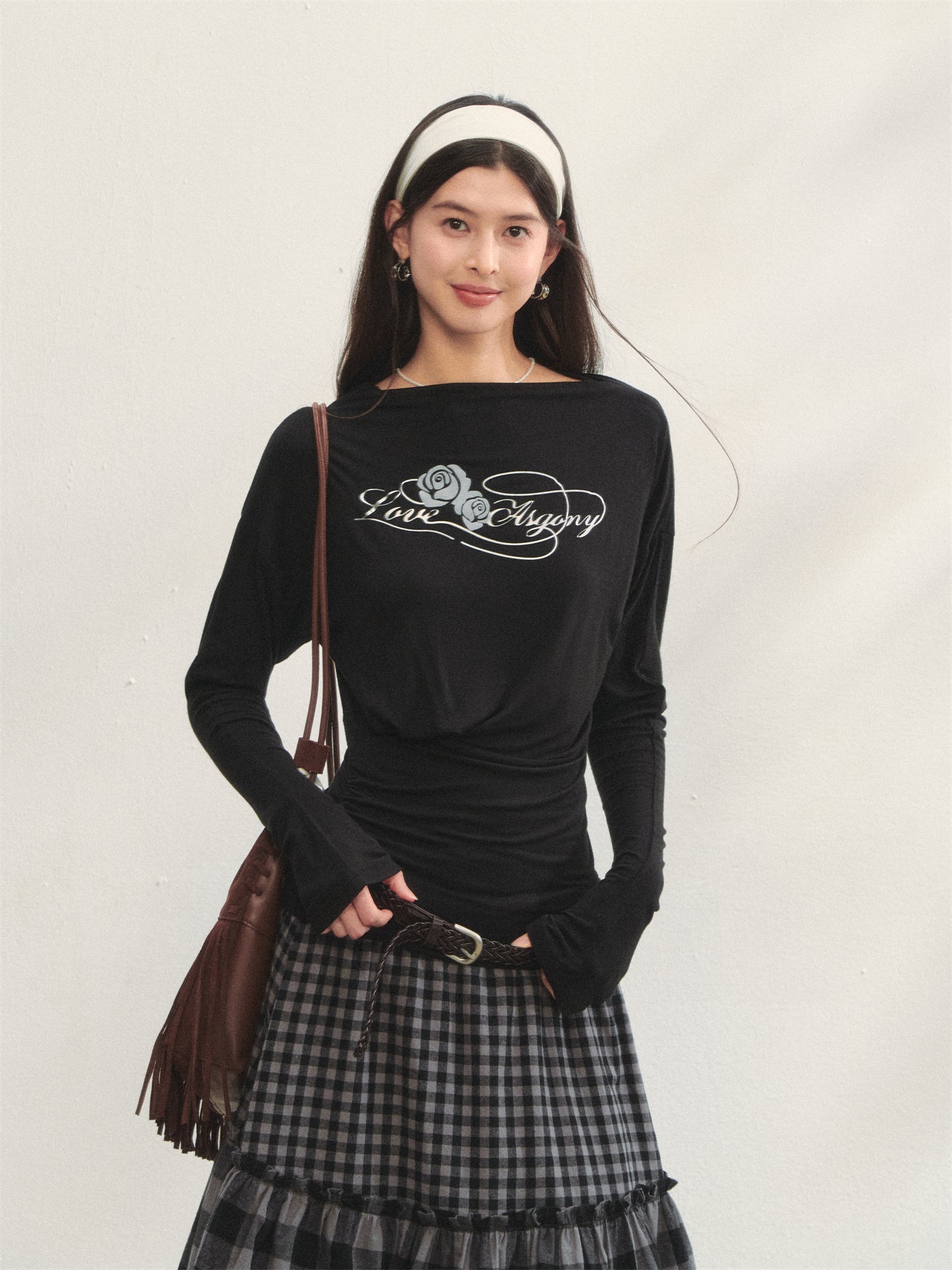 AsGony ASG25286&ASG25287 Printed slim fit pleated long sleeved T-shirt + pants