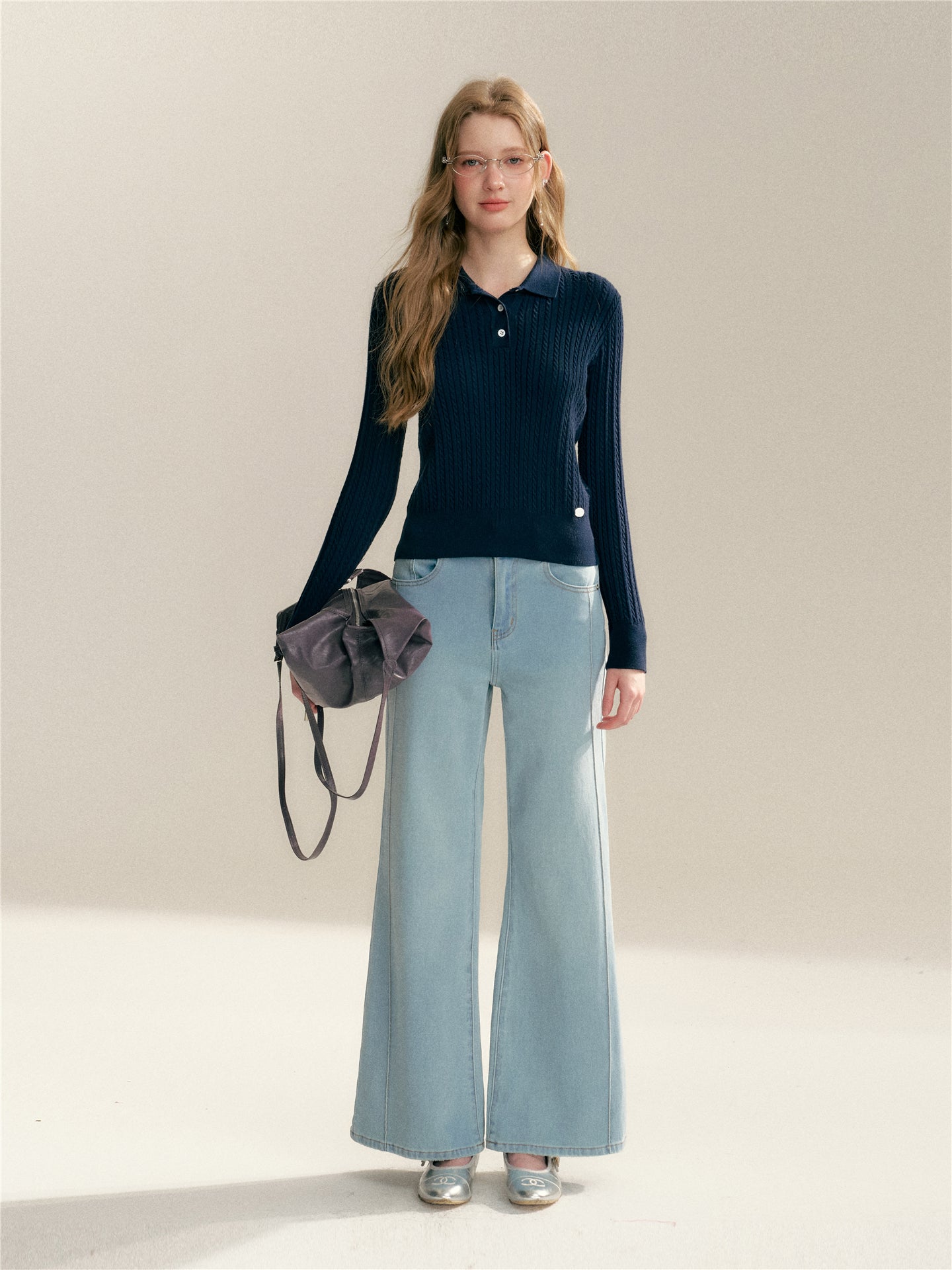 16DEWS 16D26009 Fake two-piece checkered spliced knitted sweater