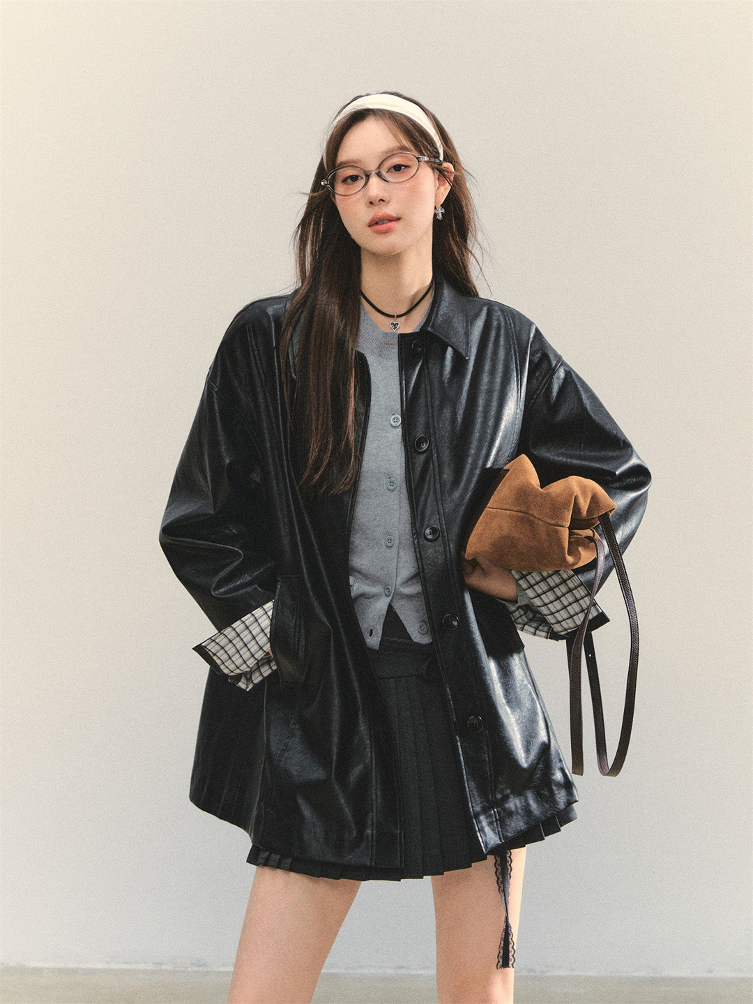 AsGony ASG25334 Cuff plaid patchwork leather jacket