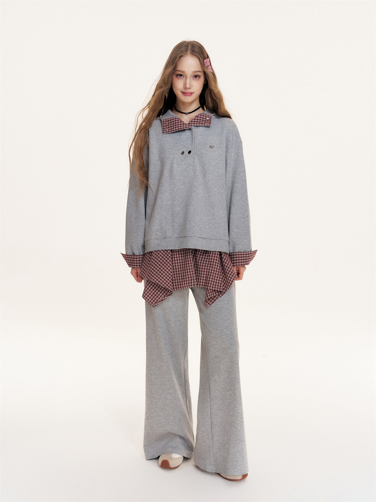 16DEWS 16D25397&16D25398 Plaid patchwork hooded sweatshirt + pants set