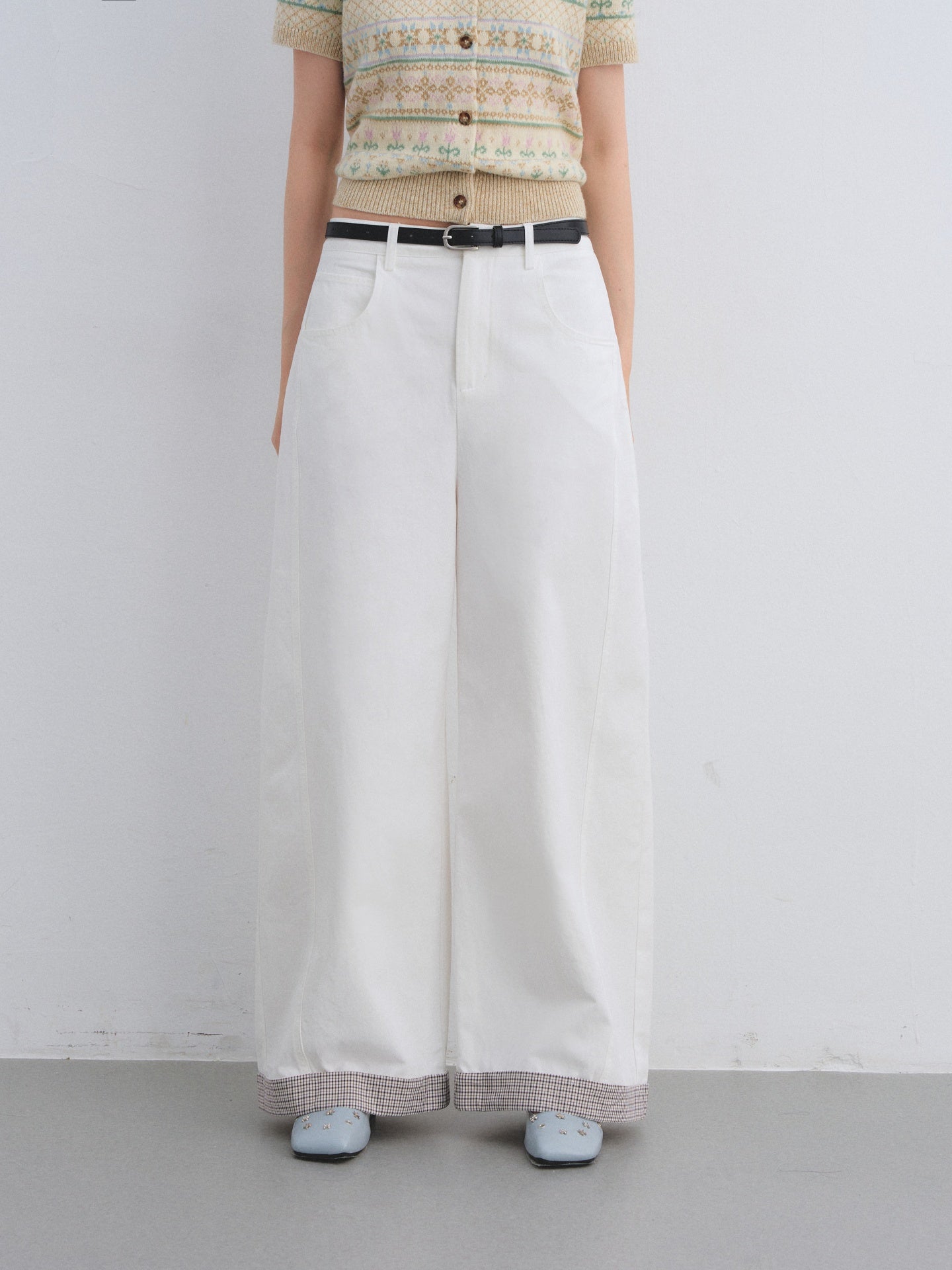 AsGony ASG25651 Plaid splicing curved knife casual pants