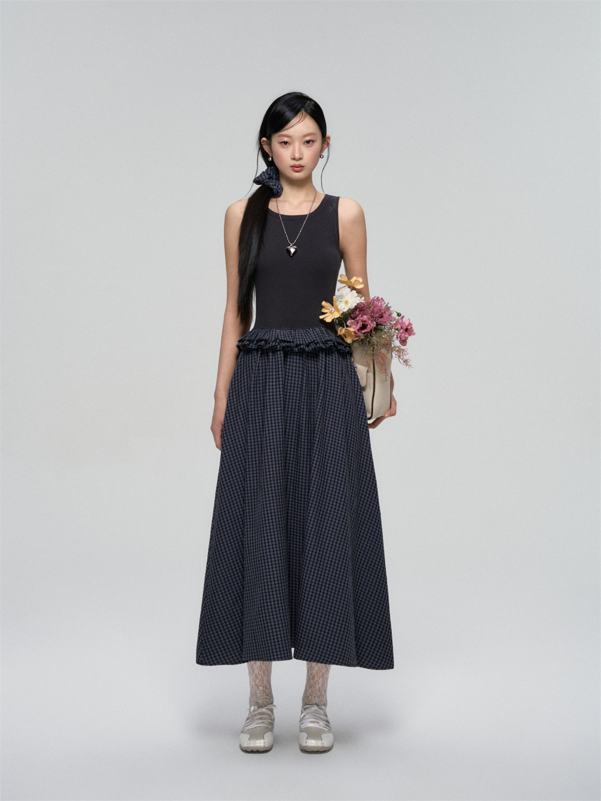 AsGony ASG25093 Color blocking plaid sleeveless dress