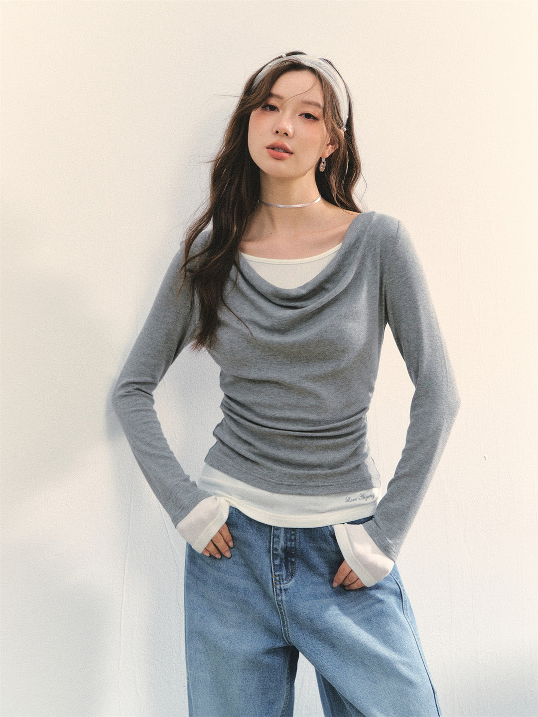 AsGony ASG25364 Fake two-piece contrasting color splicing base top