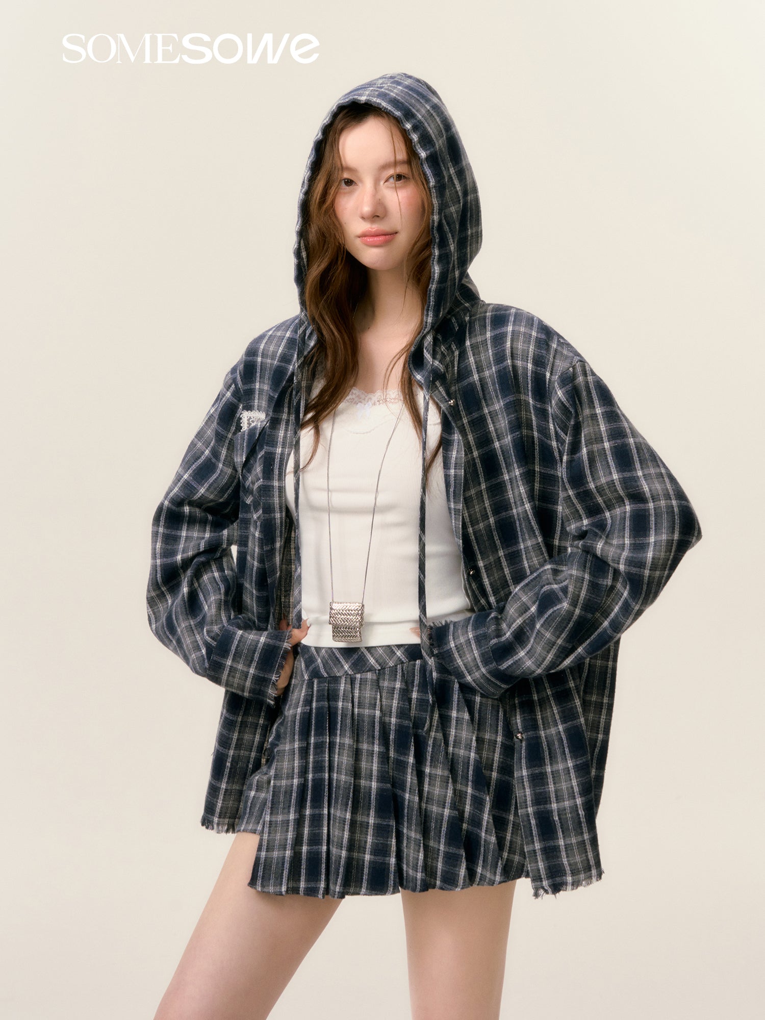 SOMESOWE S2508025&S2508026 Plaid hooded shirt + shorts set(seperate)