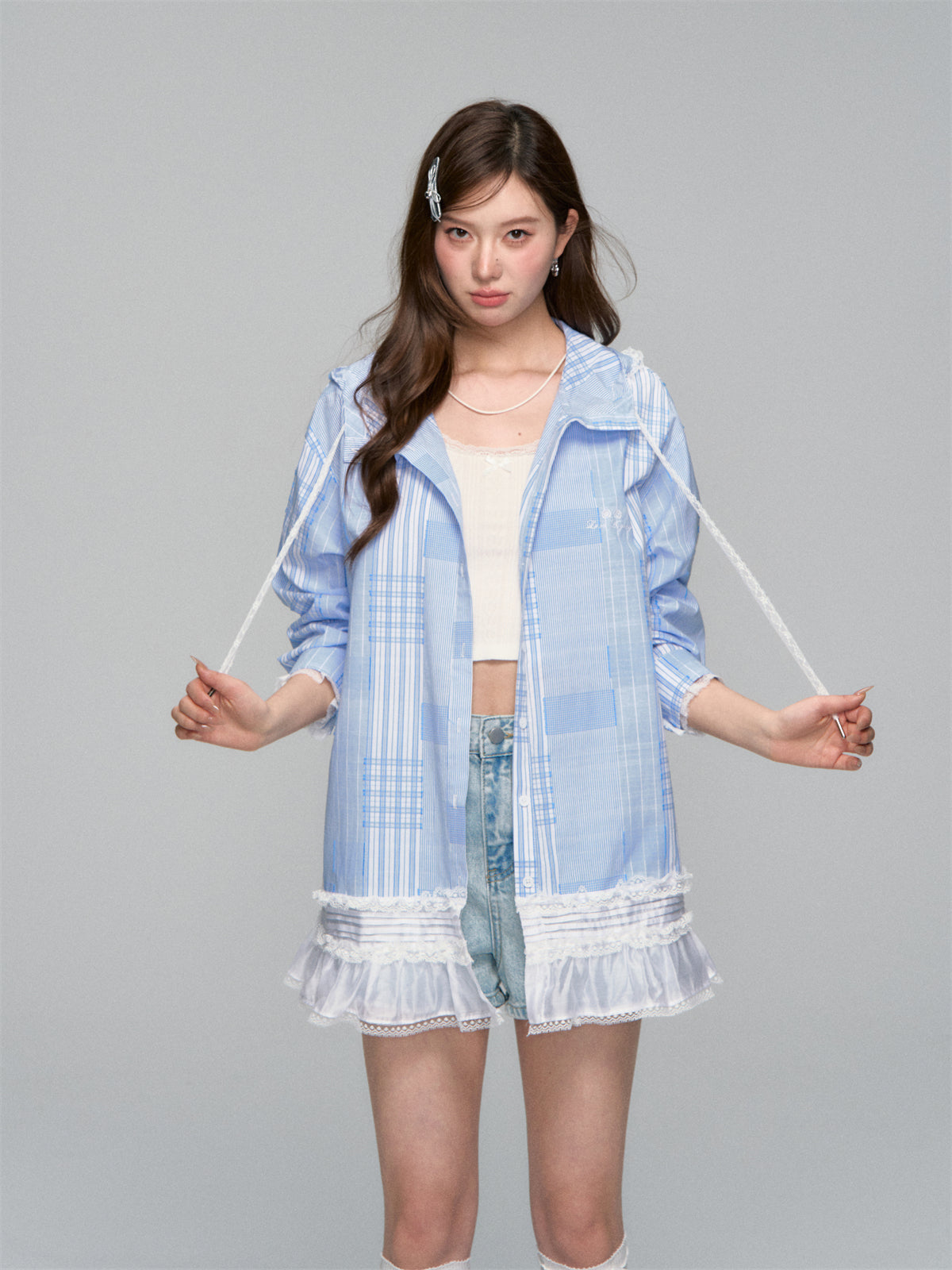AsGony ASG25122 Plaid patchwork lace hooded shirt