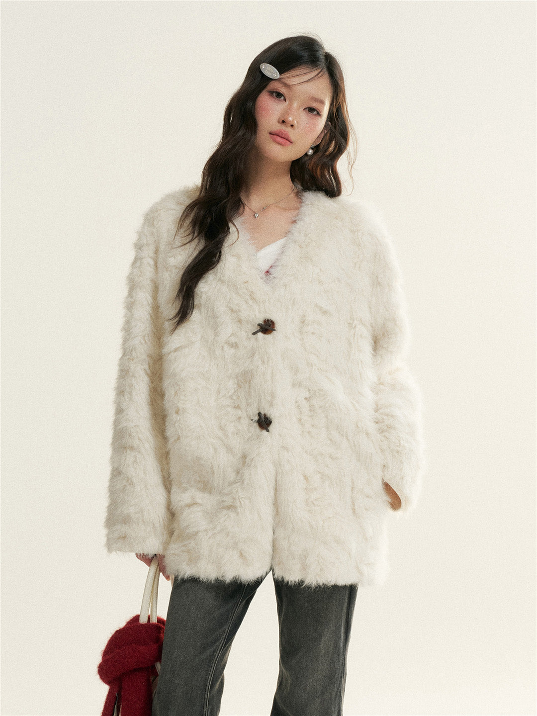 16DEWS 16D25522 Imitation fur one-piece single breasted V-neck jacket